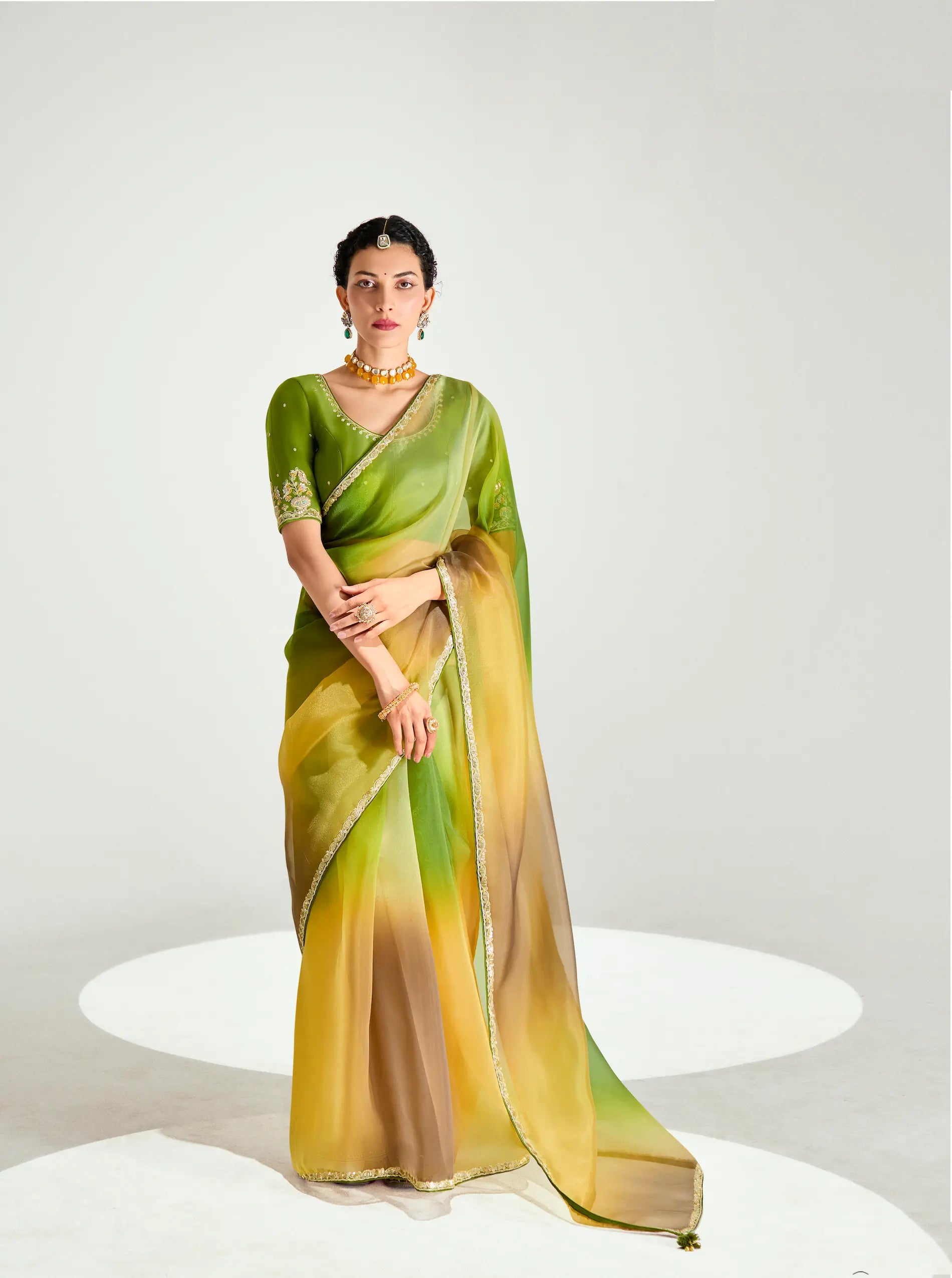 Olive Green-Multicolor Organza Embroidery Saree - qivii