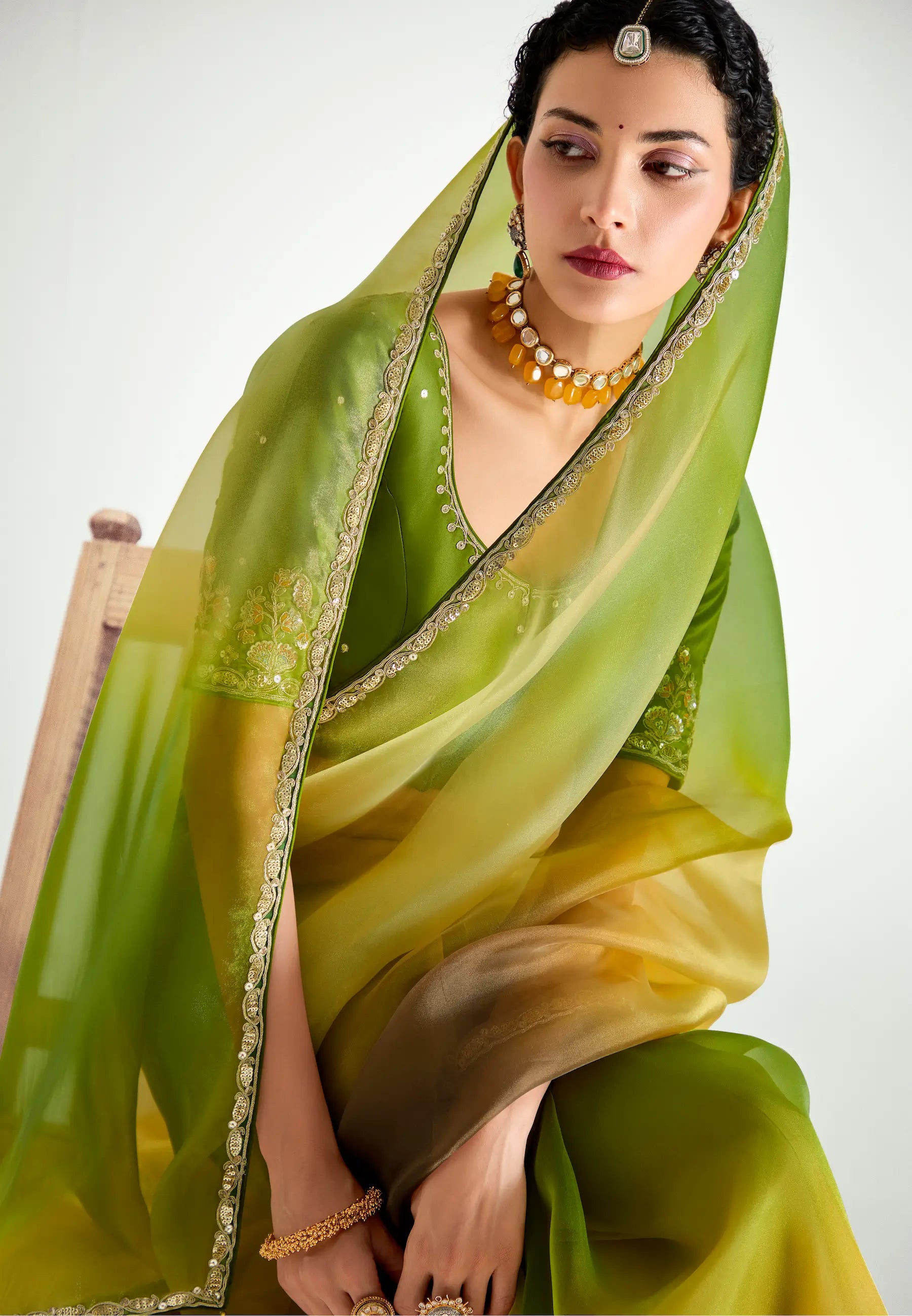Olive Green-Multicolor Organza Embroidery Saree - qivii