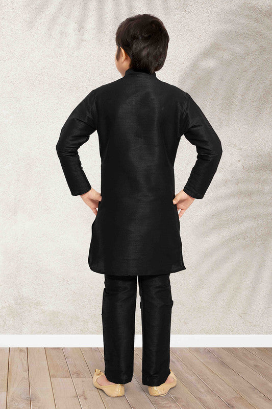 Boy's Black Art Banarasi Silk Solid Kurta Set