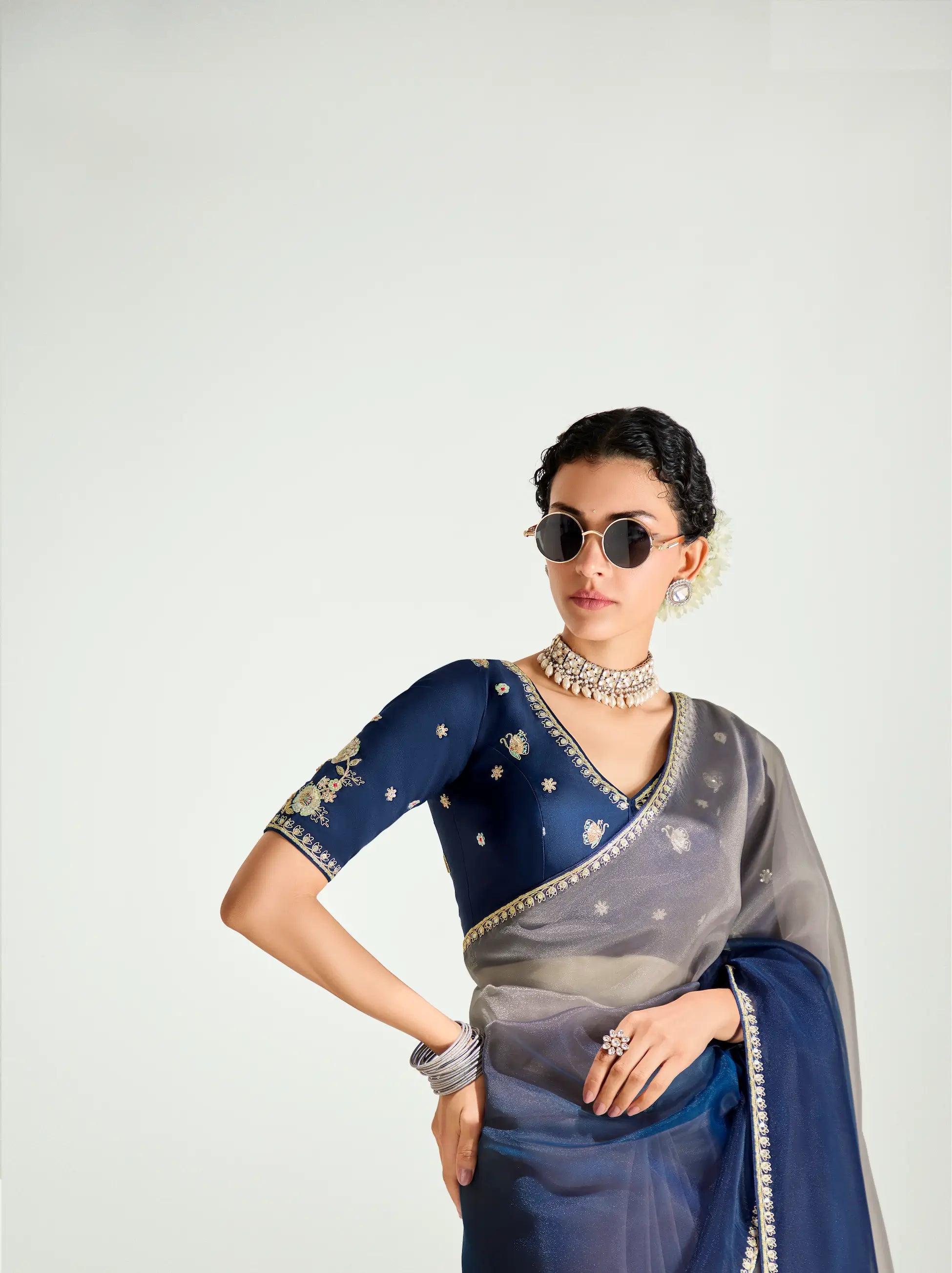 Navy Blue-Dusty Grey Organza Embroidery Saree - qivii