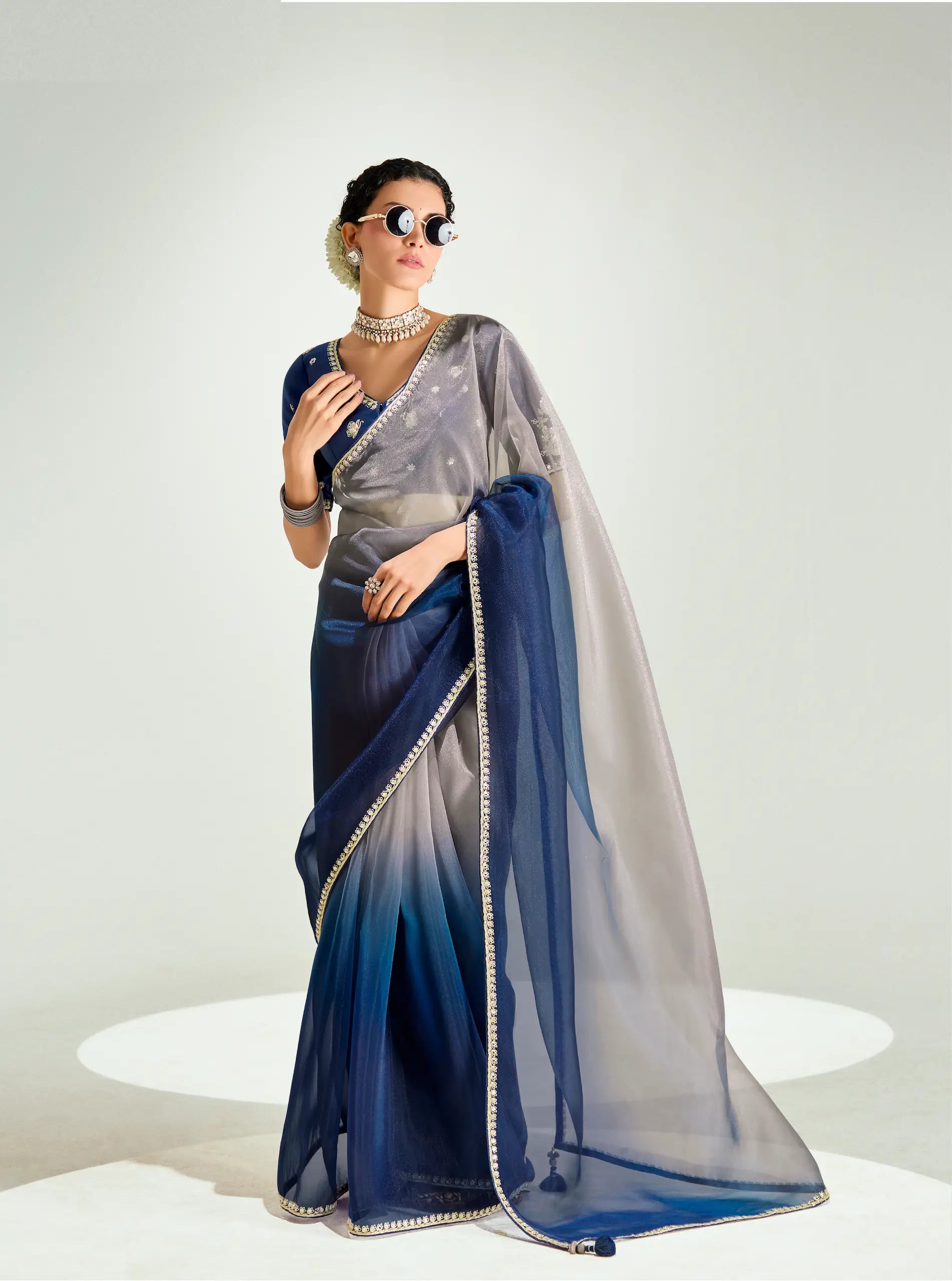 Navy Blue-Dusty Grey Organza Embroidery Saree - qivii