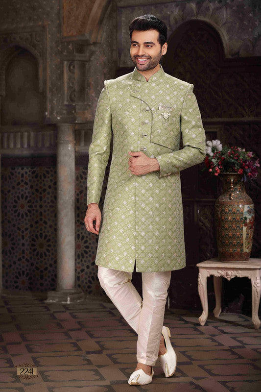 Men's Banarasi Jacquard Woven Work Indo Western Sherwani In Green Colour