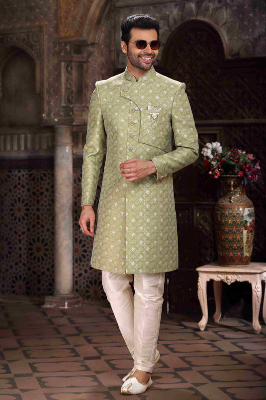 Men's Banarasi Jacquard Woven Work Indo Western Sherwani In Green Colour
