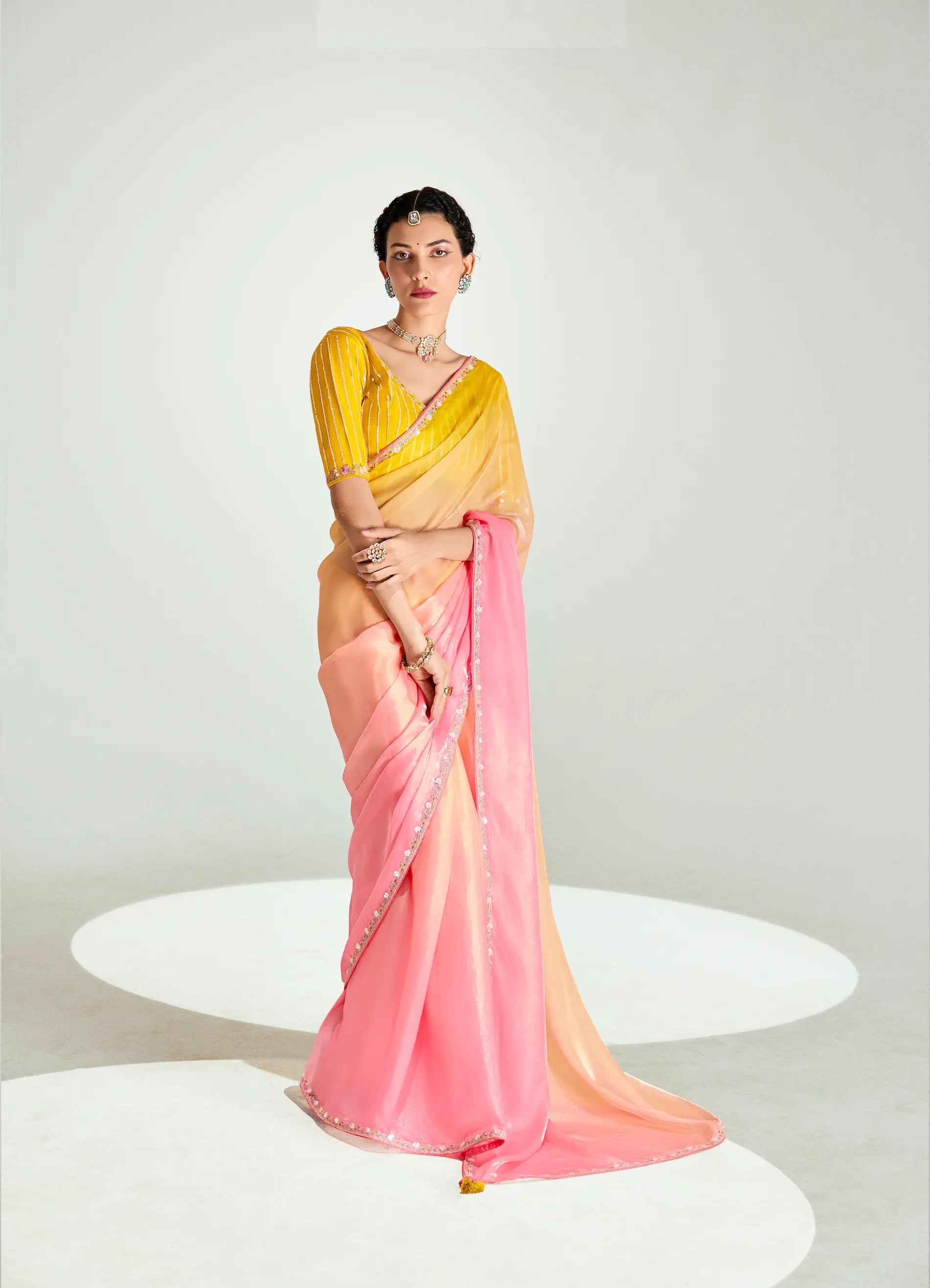 Yellow-Peach-Pink Organza Embroidery Saree - qivii