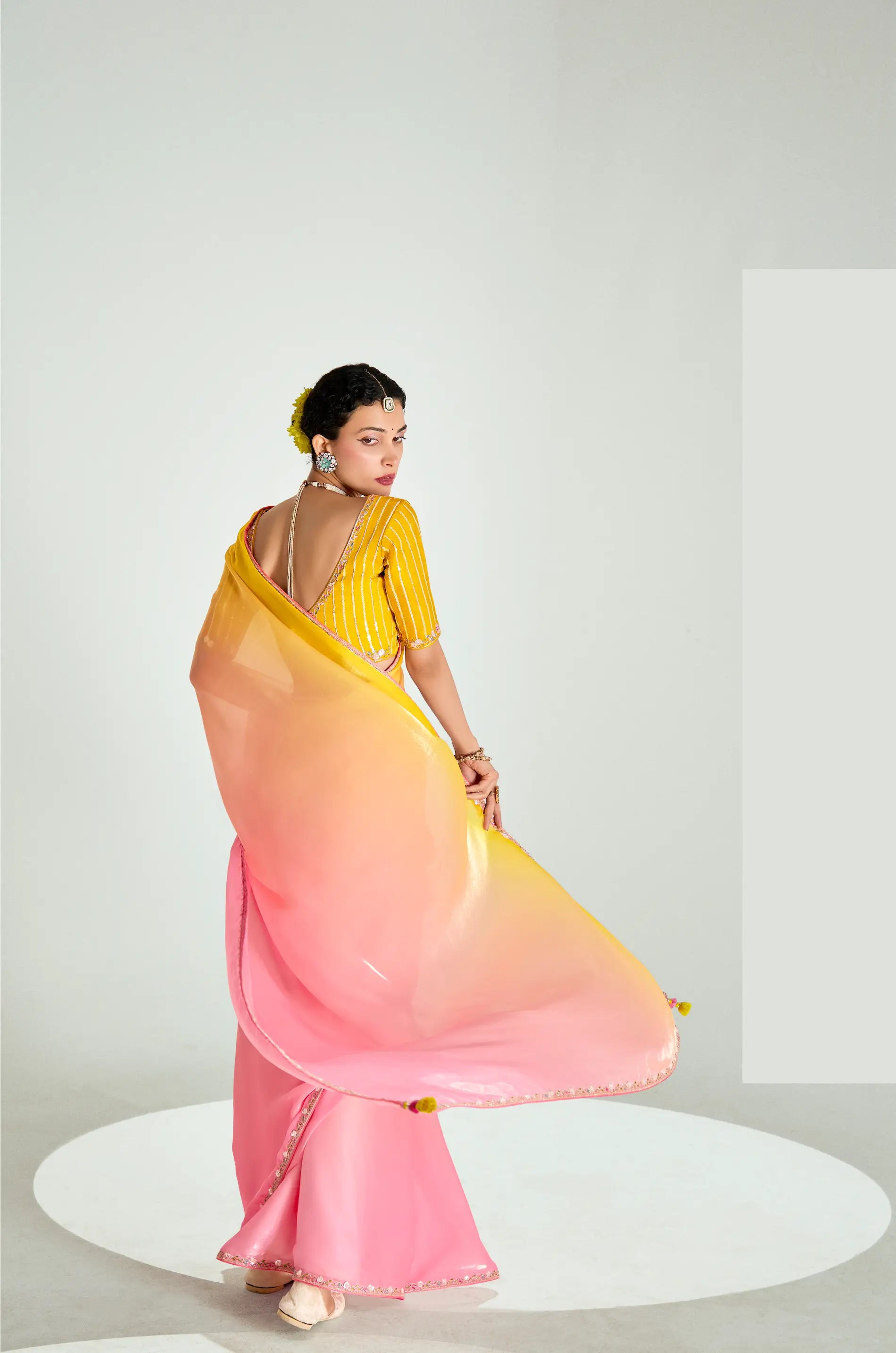 Yellow-Peach-Pink Organza Embroidery Saree - qivii