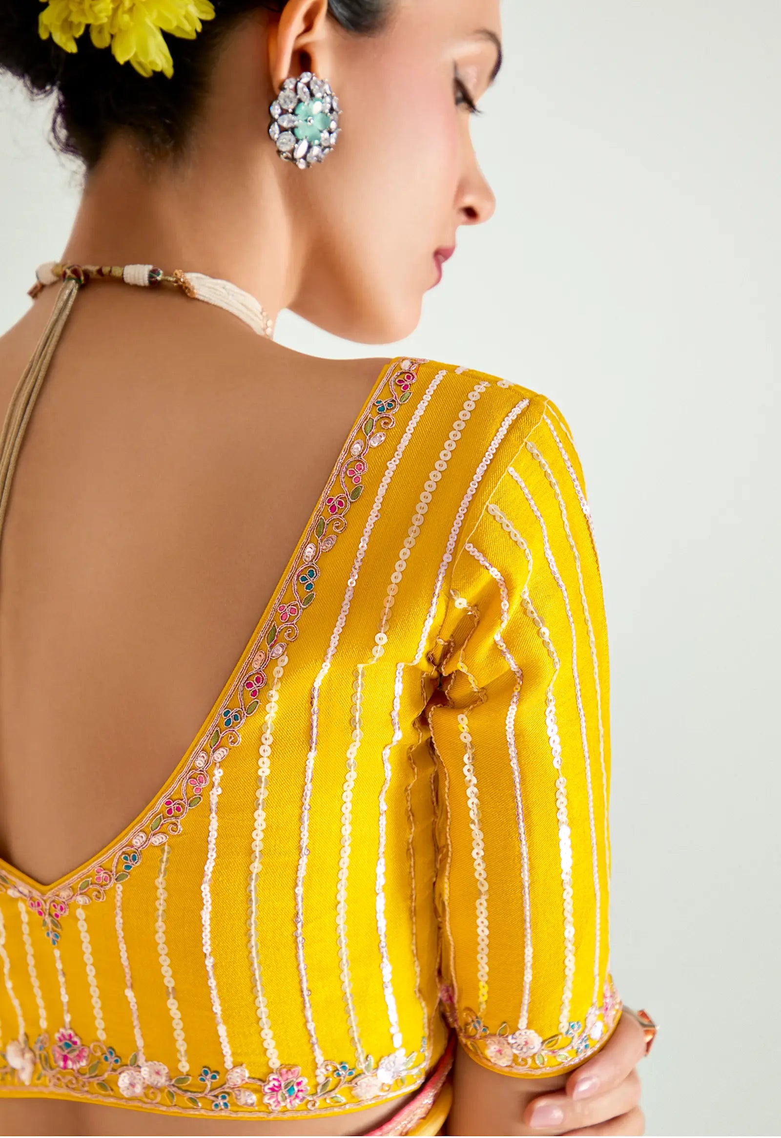 Yellow-Peach-Pink Organza Embroidery Saree - qivii