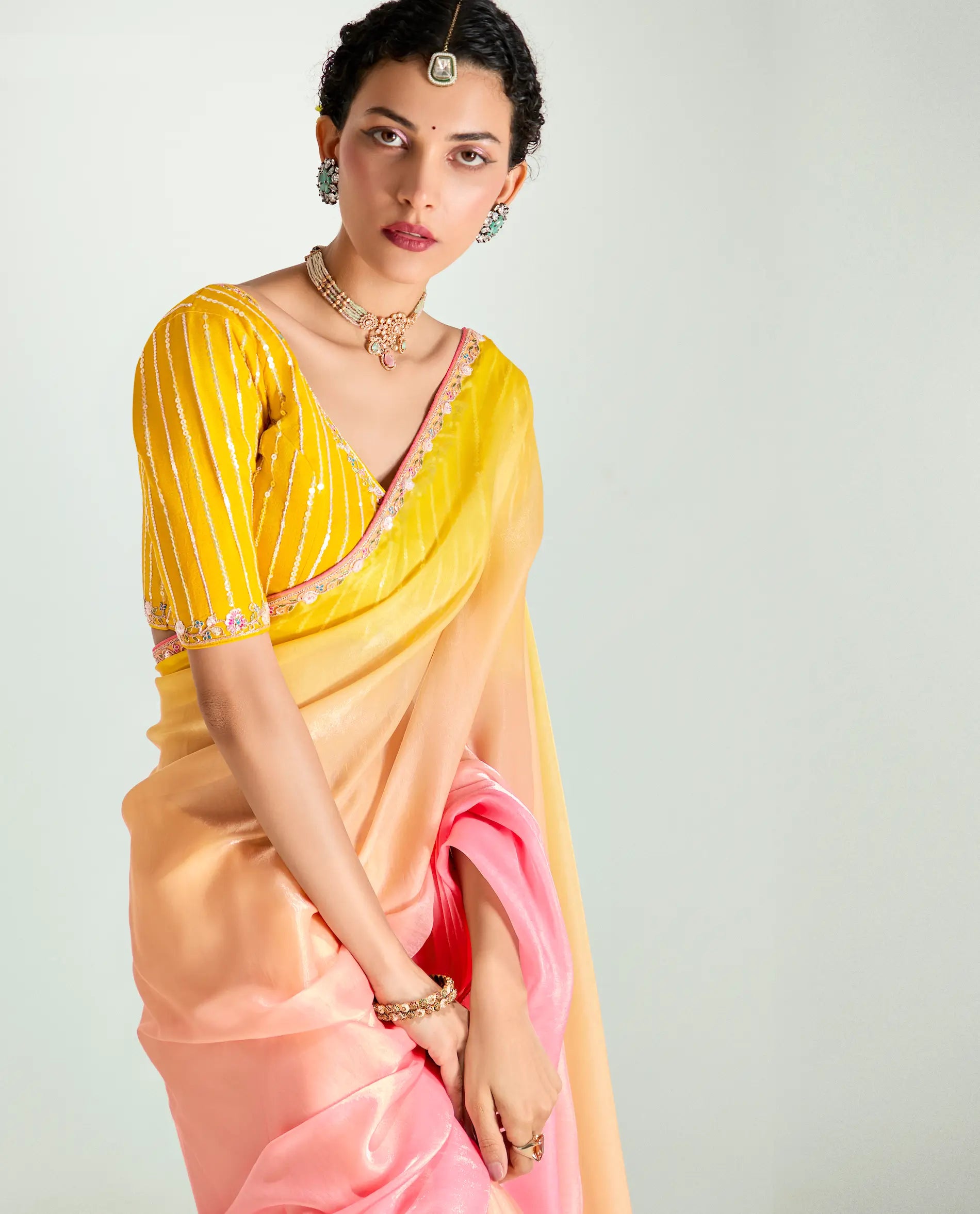 Yellow-Peach-Pink Organza Embroidery Saree - qivii