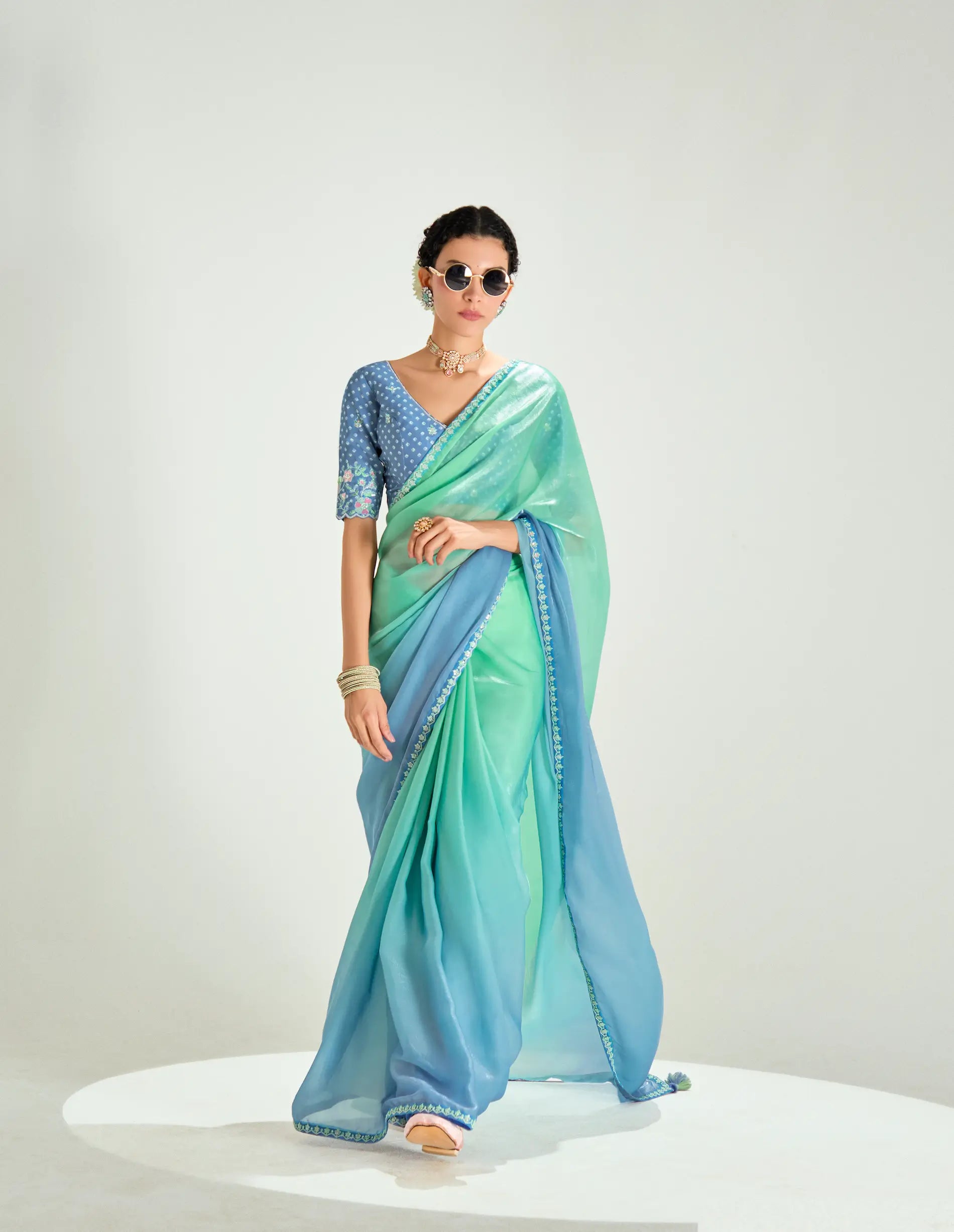 Powder Blue-Turquoise Green Organza Embroidery Saree - qivii