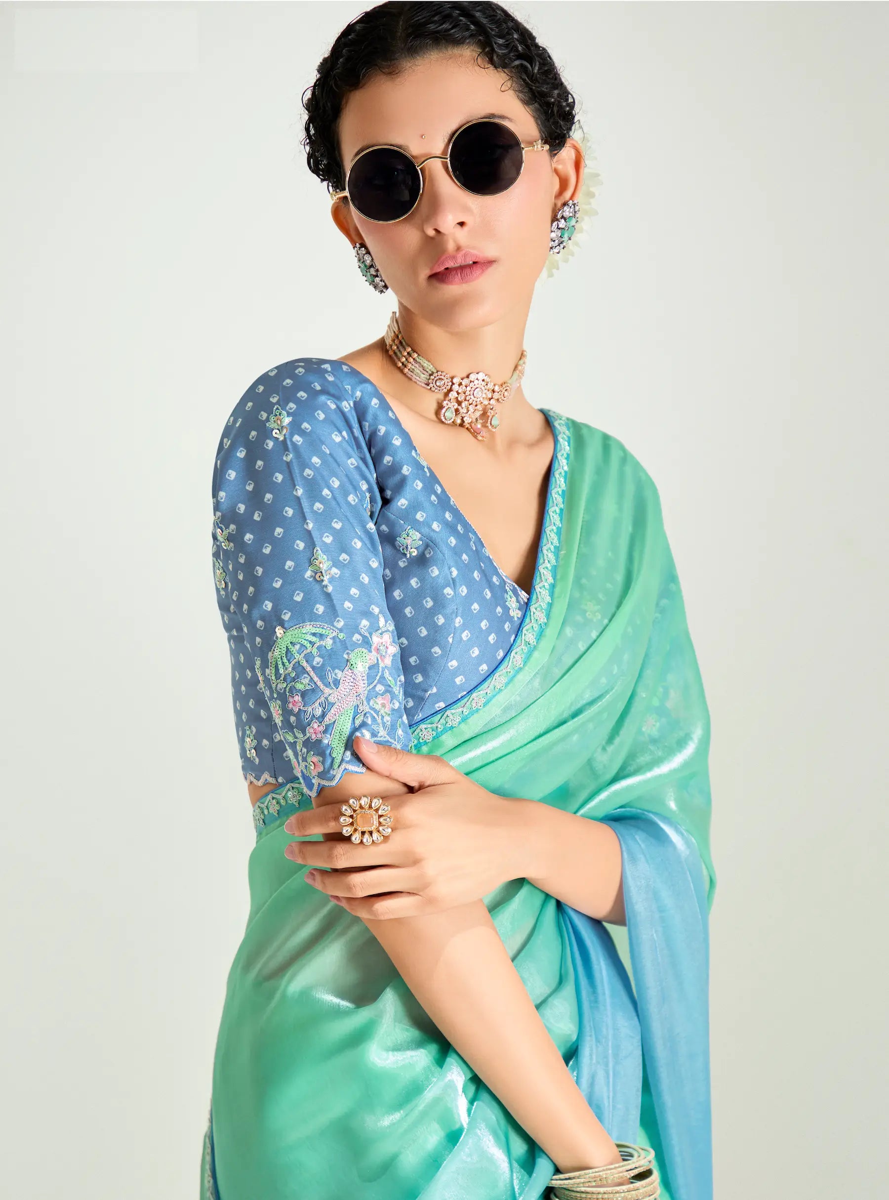 Powder Blue-Turquoise Green Organza Embroidery Saree - qivii