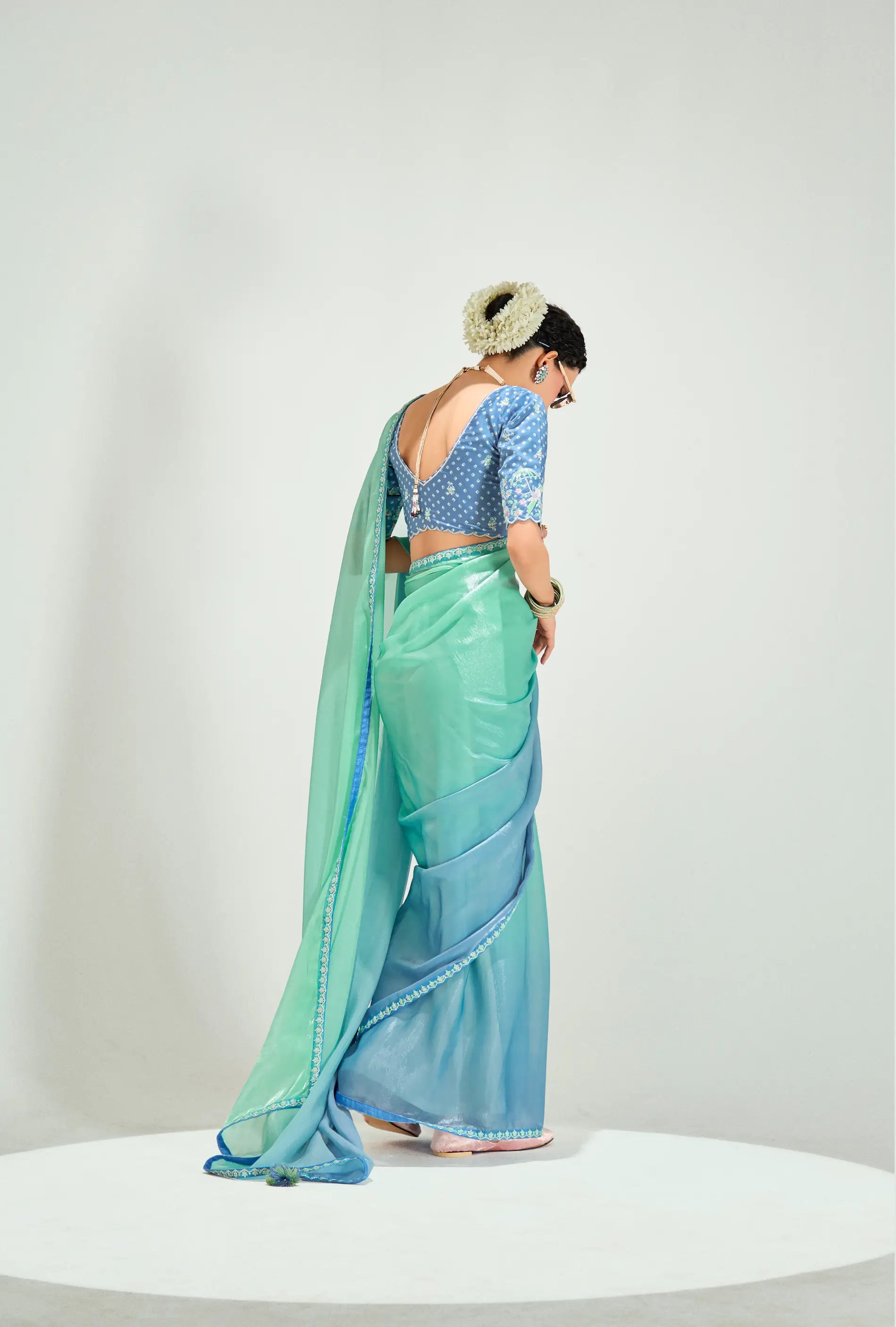 Powder Blue-Turquoise Green Organza Embroidery Saree - qivii
