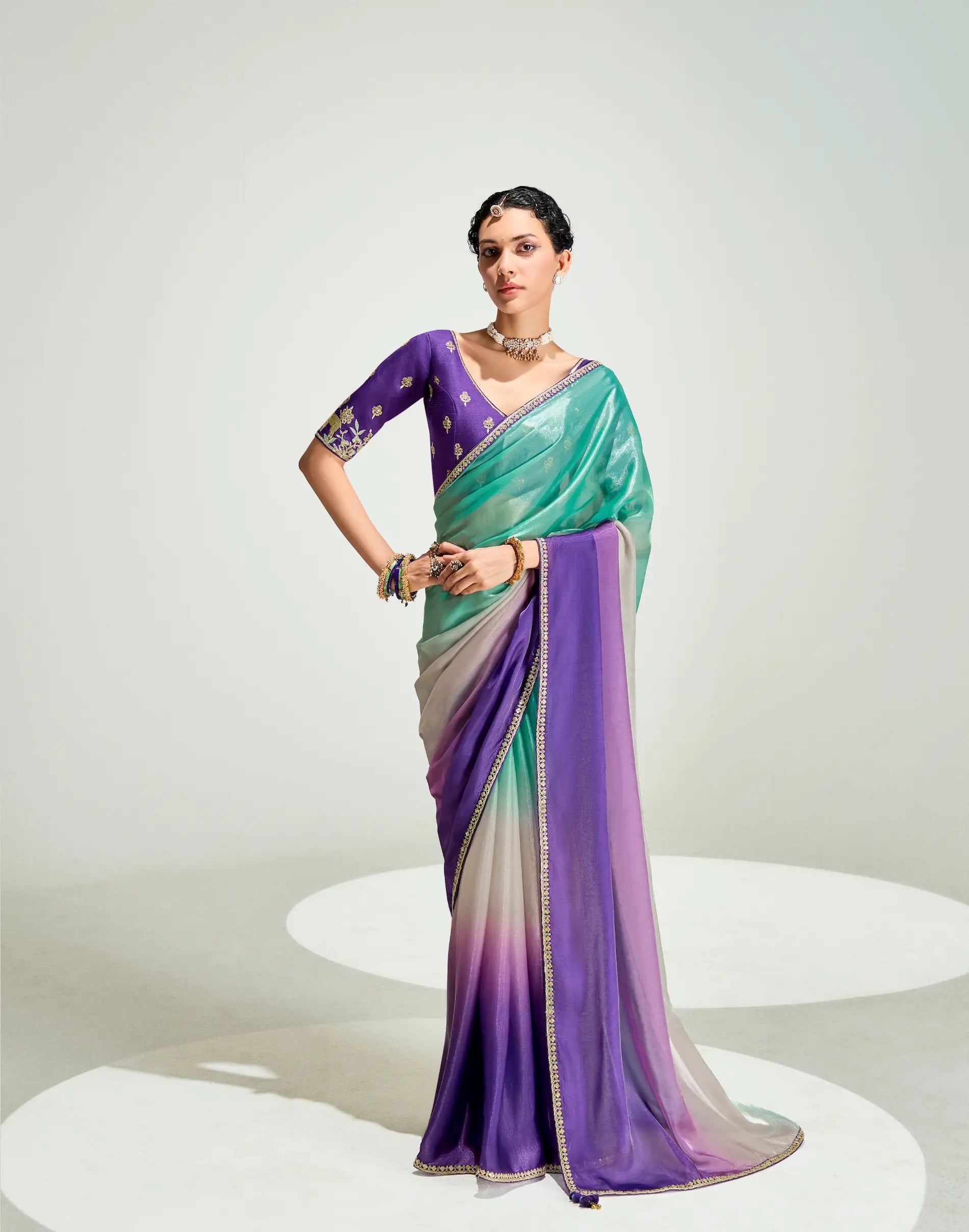 Purple-Multicolor Organza Embroidery Saree - qivii