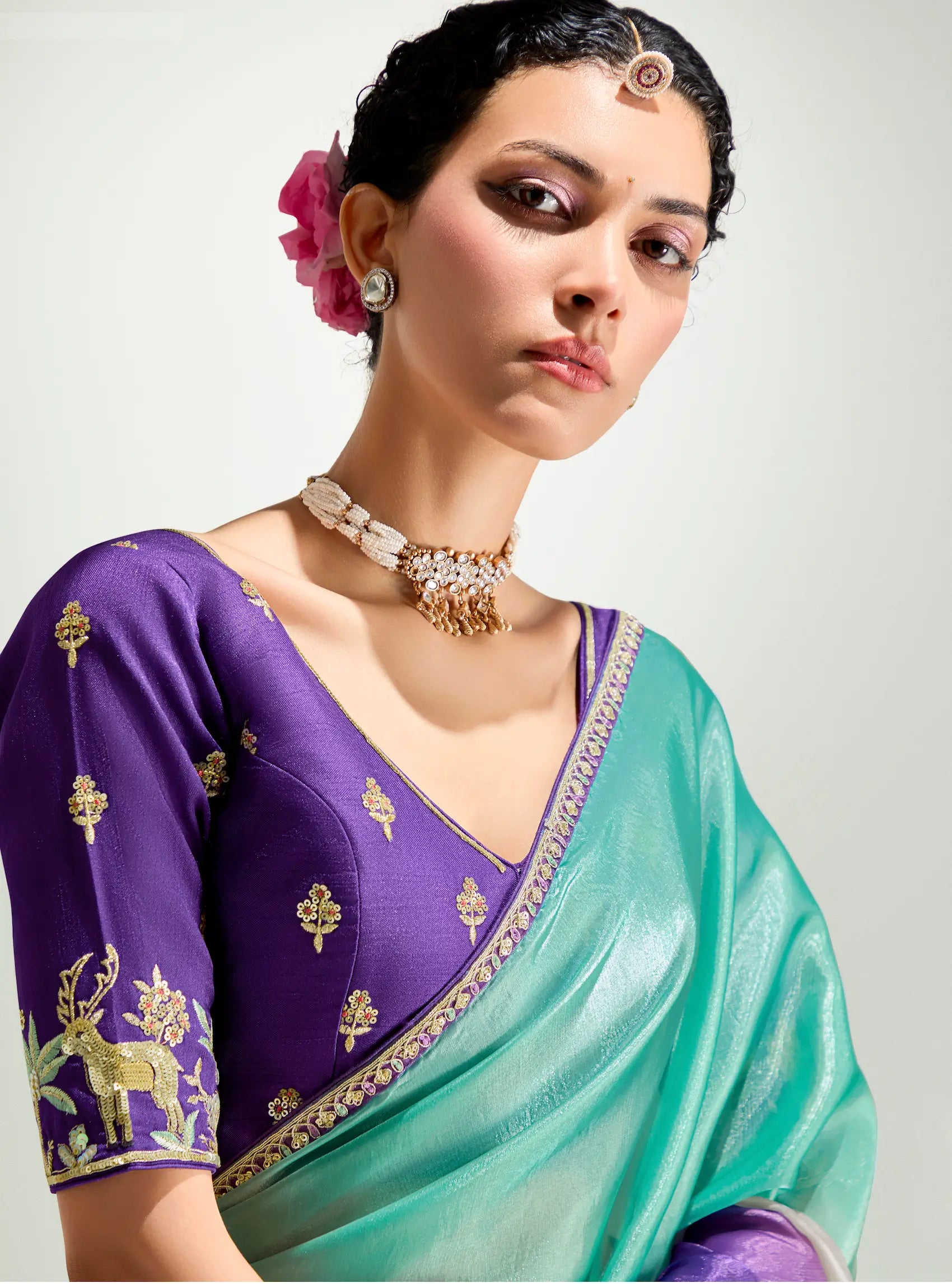 Purple-Multicolor Organza Embroidery Saree - qivii