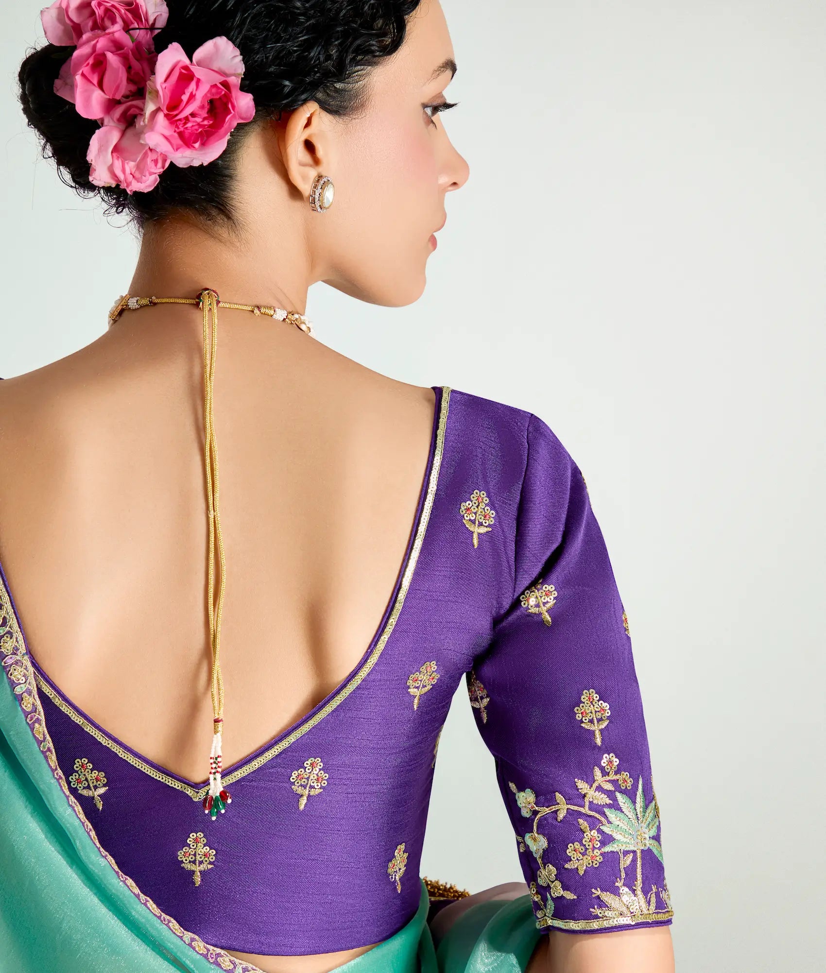 Purple-Multicolor Organza Embroidery Saree - qivii