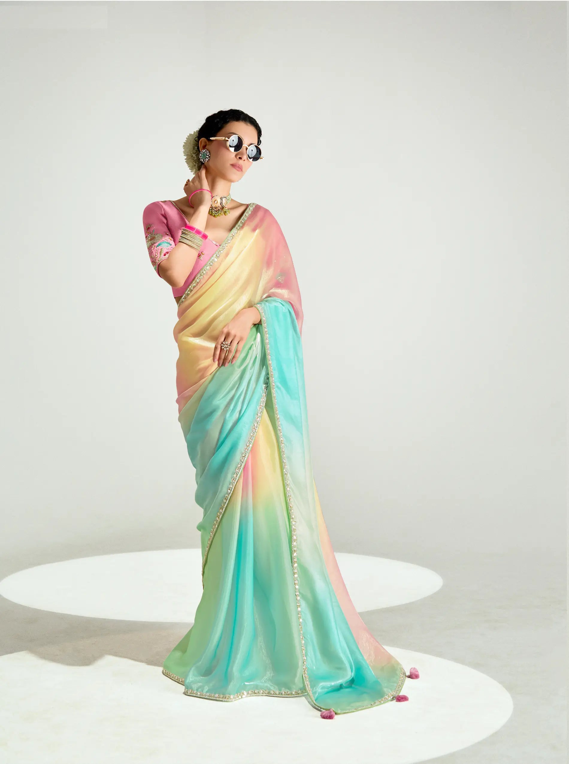 Salmon Pink-Multicolor Organza Embroidery Saree - qivii
