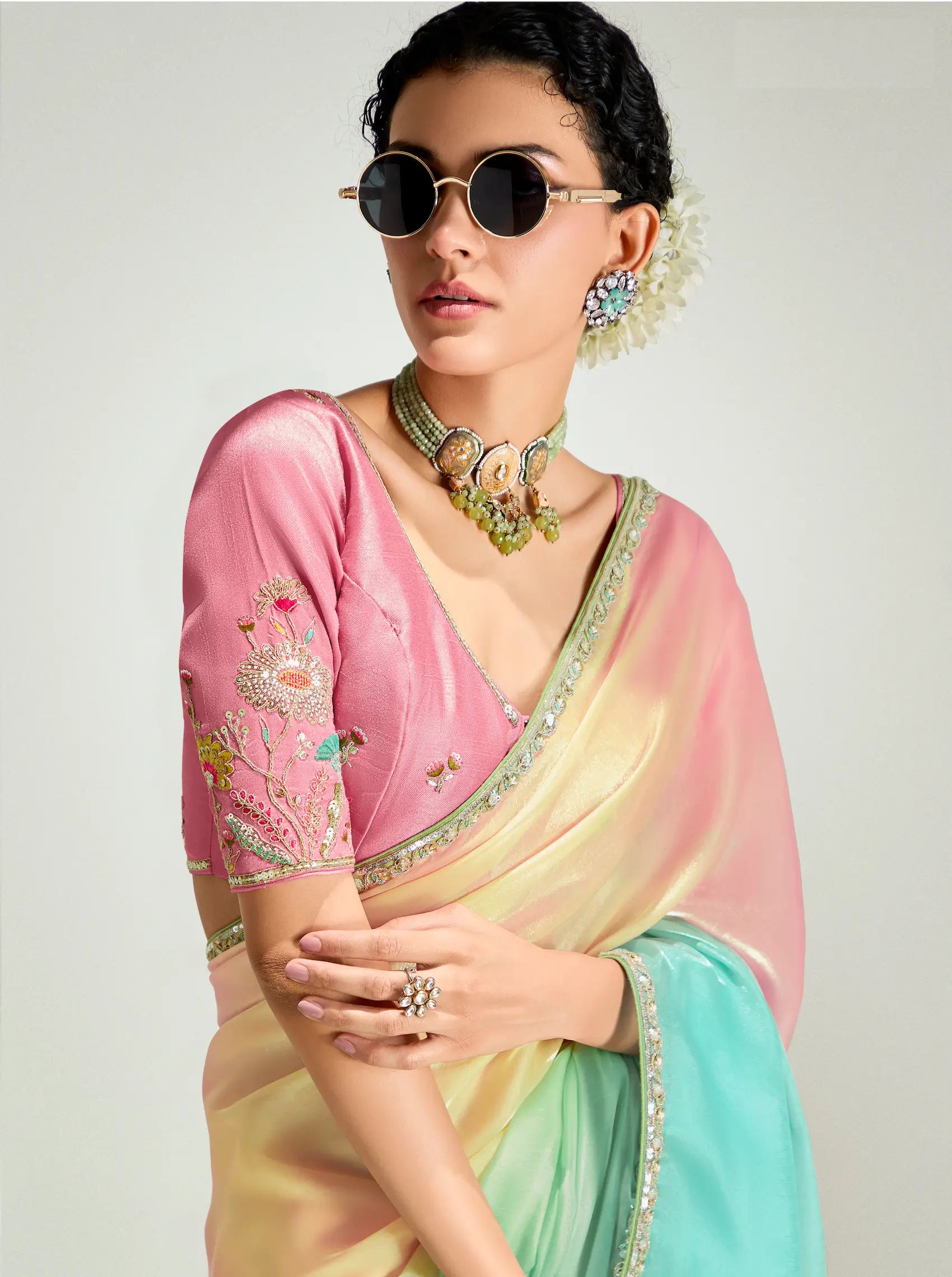 Salmon Pink-Multicolor Organza Embroidery Saree - qivii