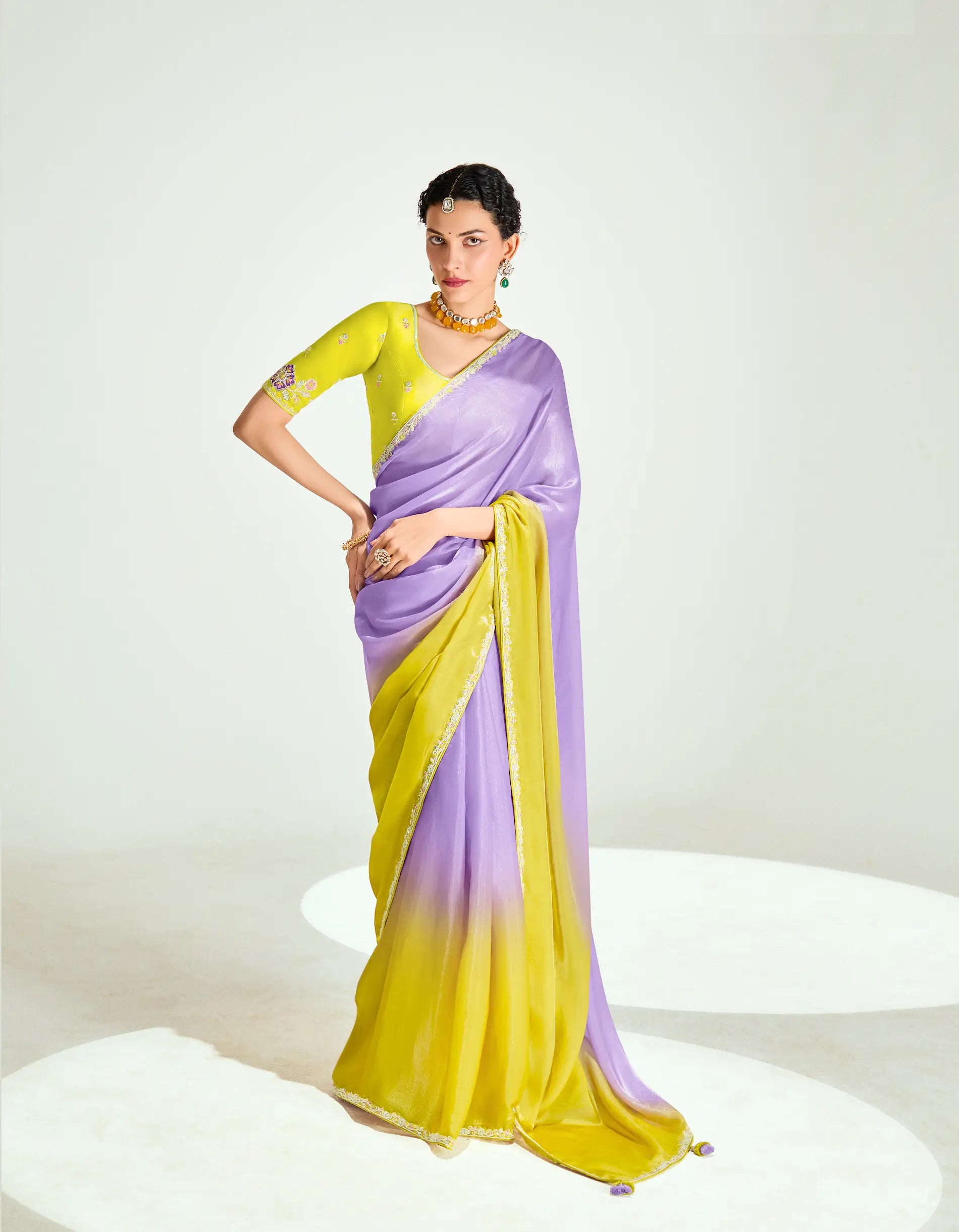 Lemon Yellow-Lavender Organza Embroidery Saree - qivii