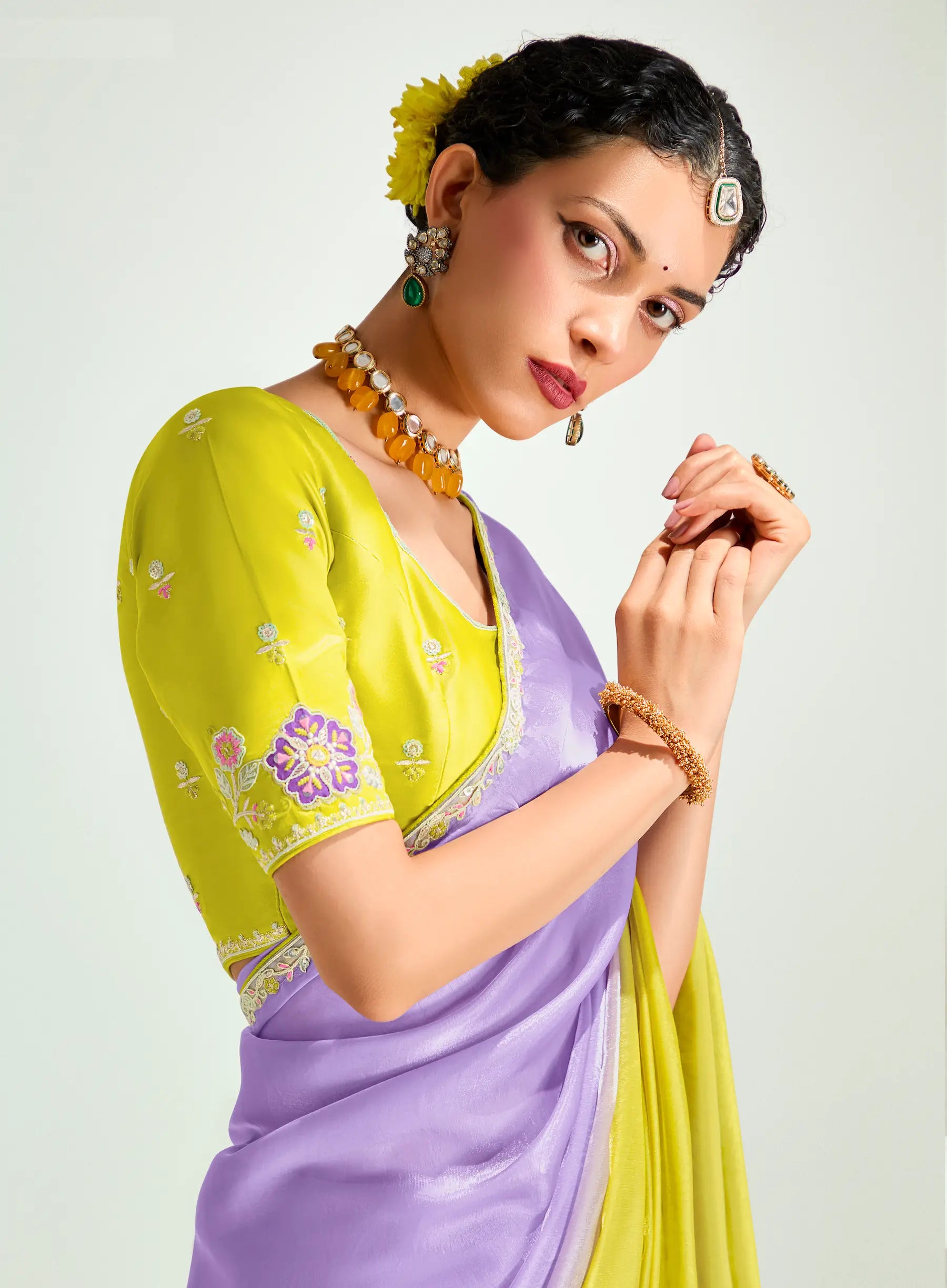 Lemon Yellow-Lavender Organza Embroidery Saree - qivii