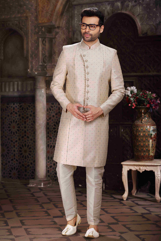 Men's Banarasi Jacquard Woven Work Indo Western Sherwani In Cream Colour
