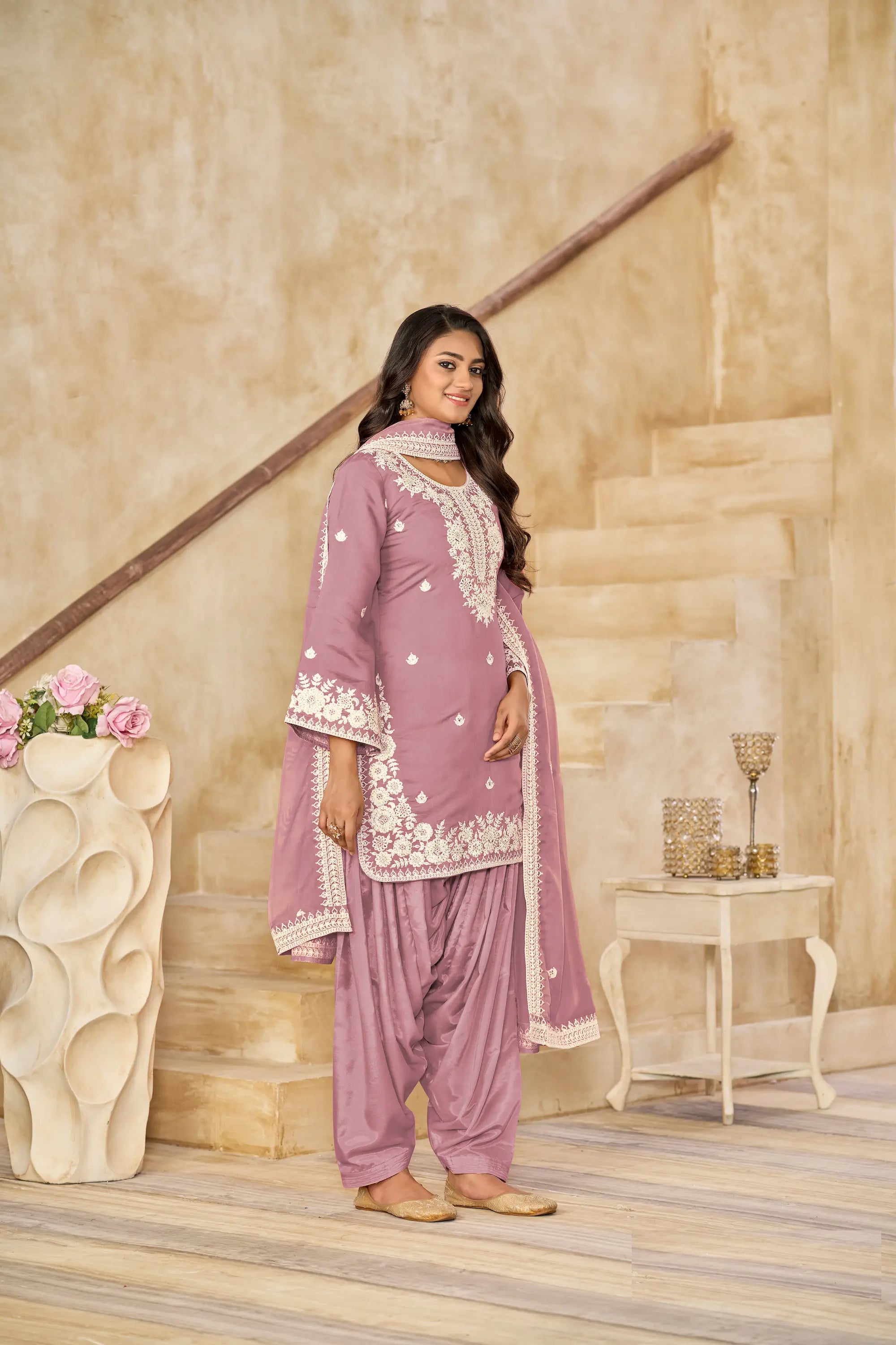 Dusty Pink Roman Silk Embroidery Work Salwar Suit - qivii