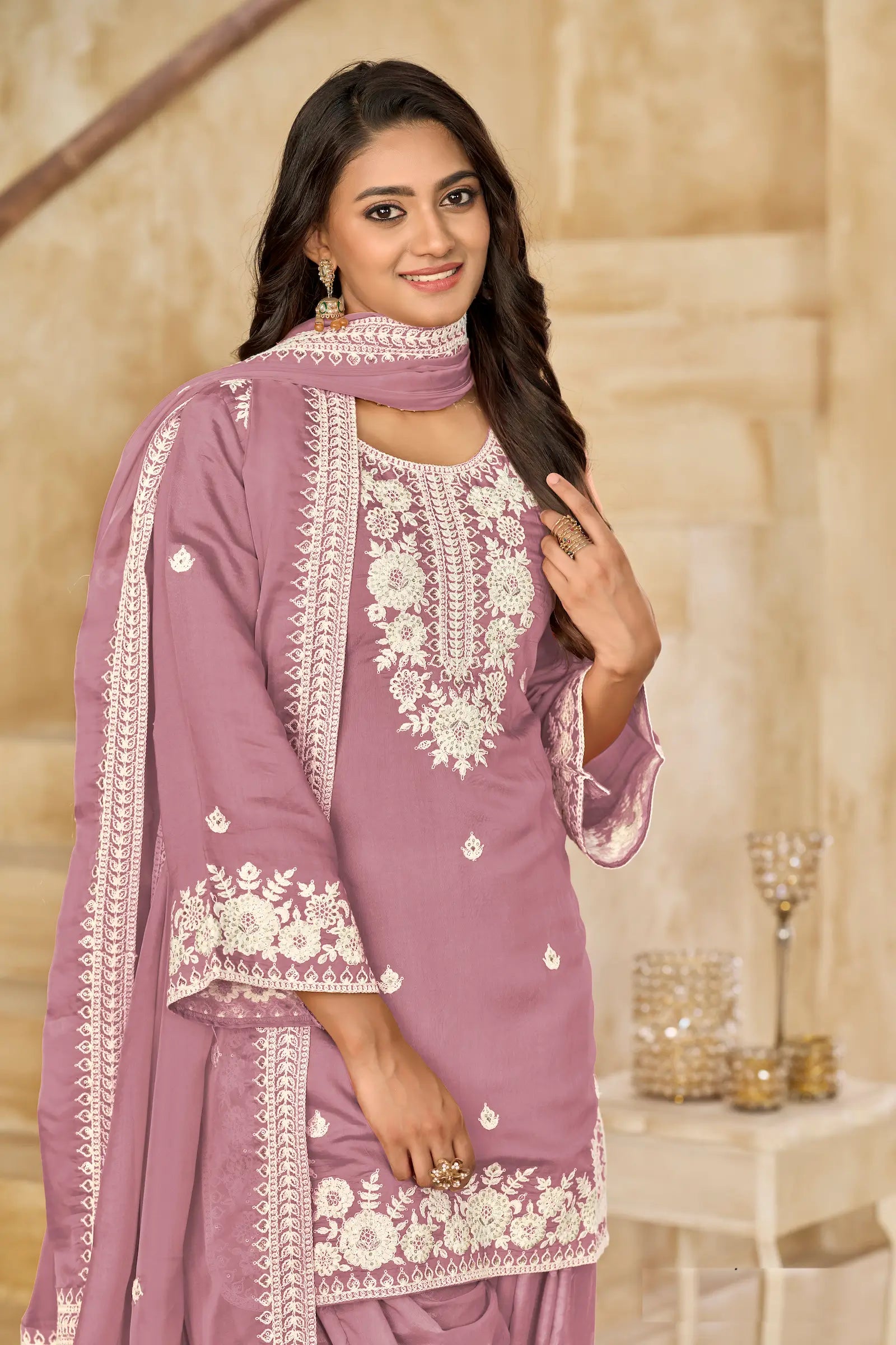 Dusty Pink Roman Silk Embroidery Work Salwar Suit - qivii