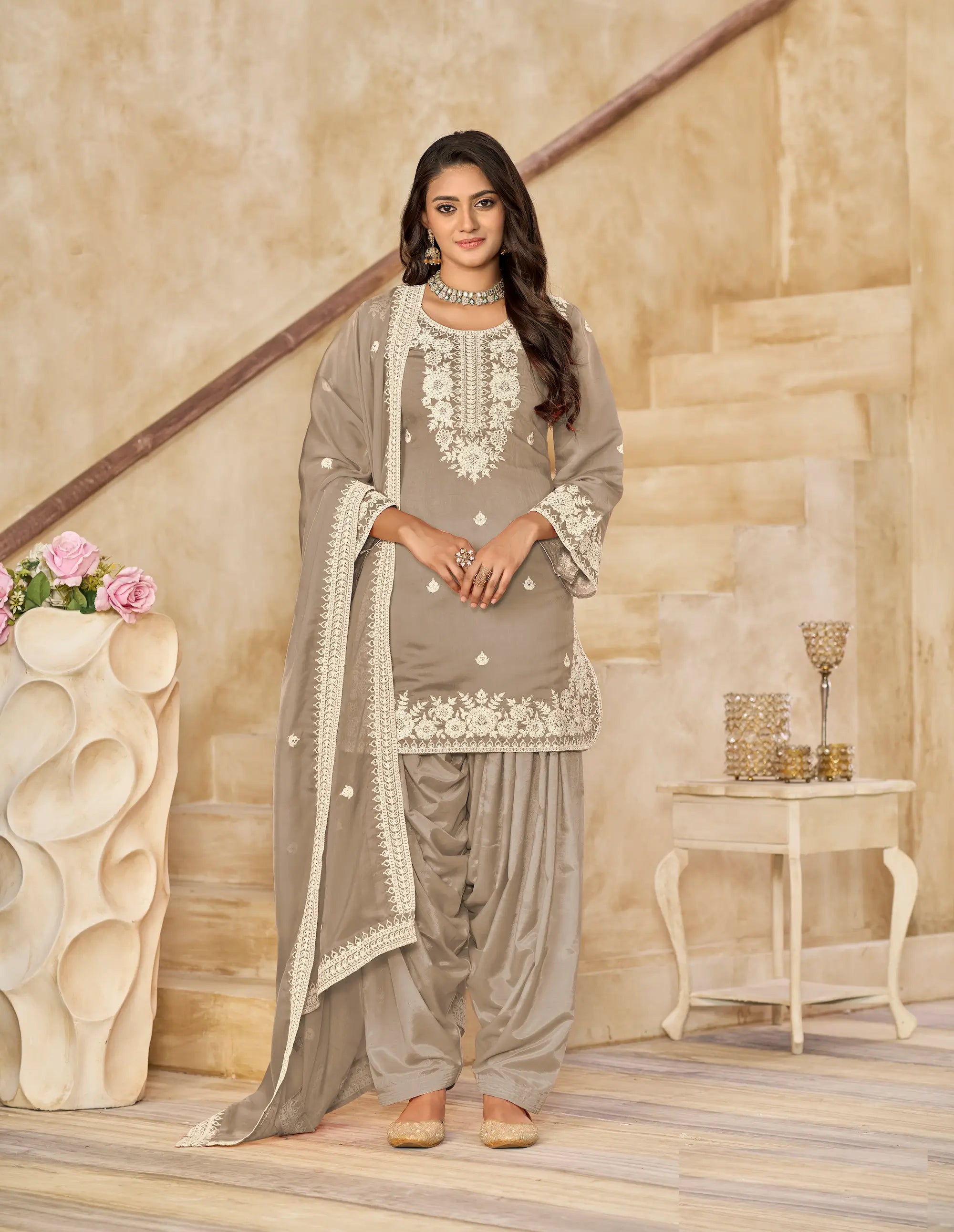 Dusty Brown Roman Silk Embroidery Work Salwar Suit - qivii