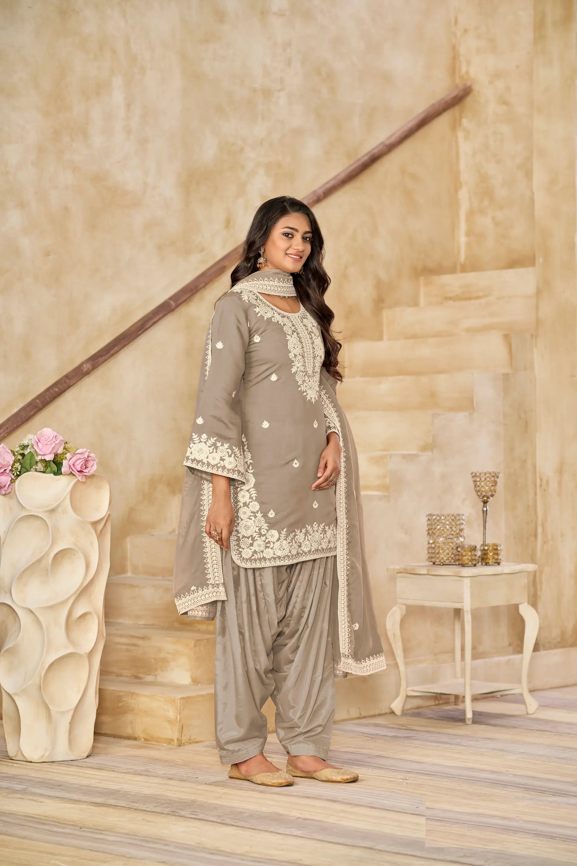 Dusty Brown Roman Silk Embroidery Work Salwar Suit