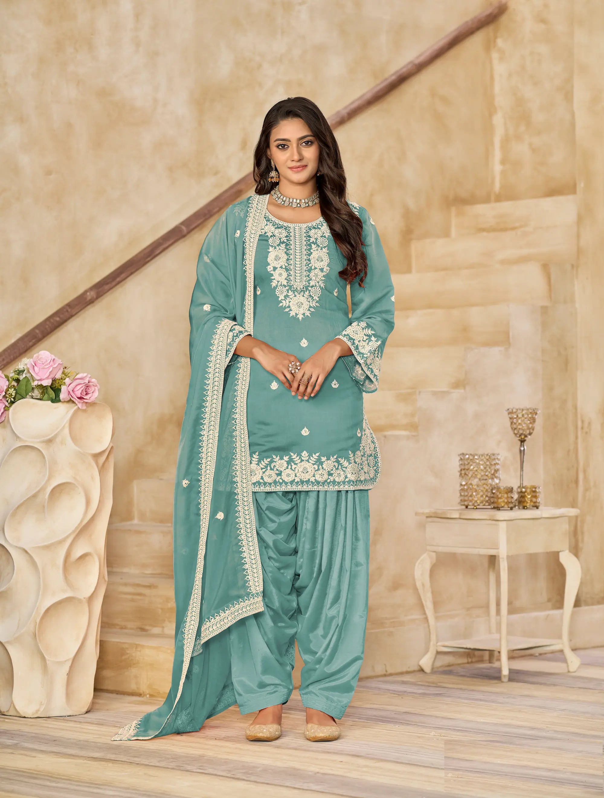 Greyish Teal Roman Silk Embroidery Work Salwar Suit - qivii