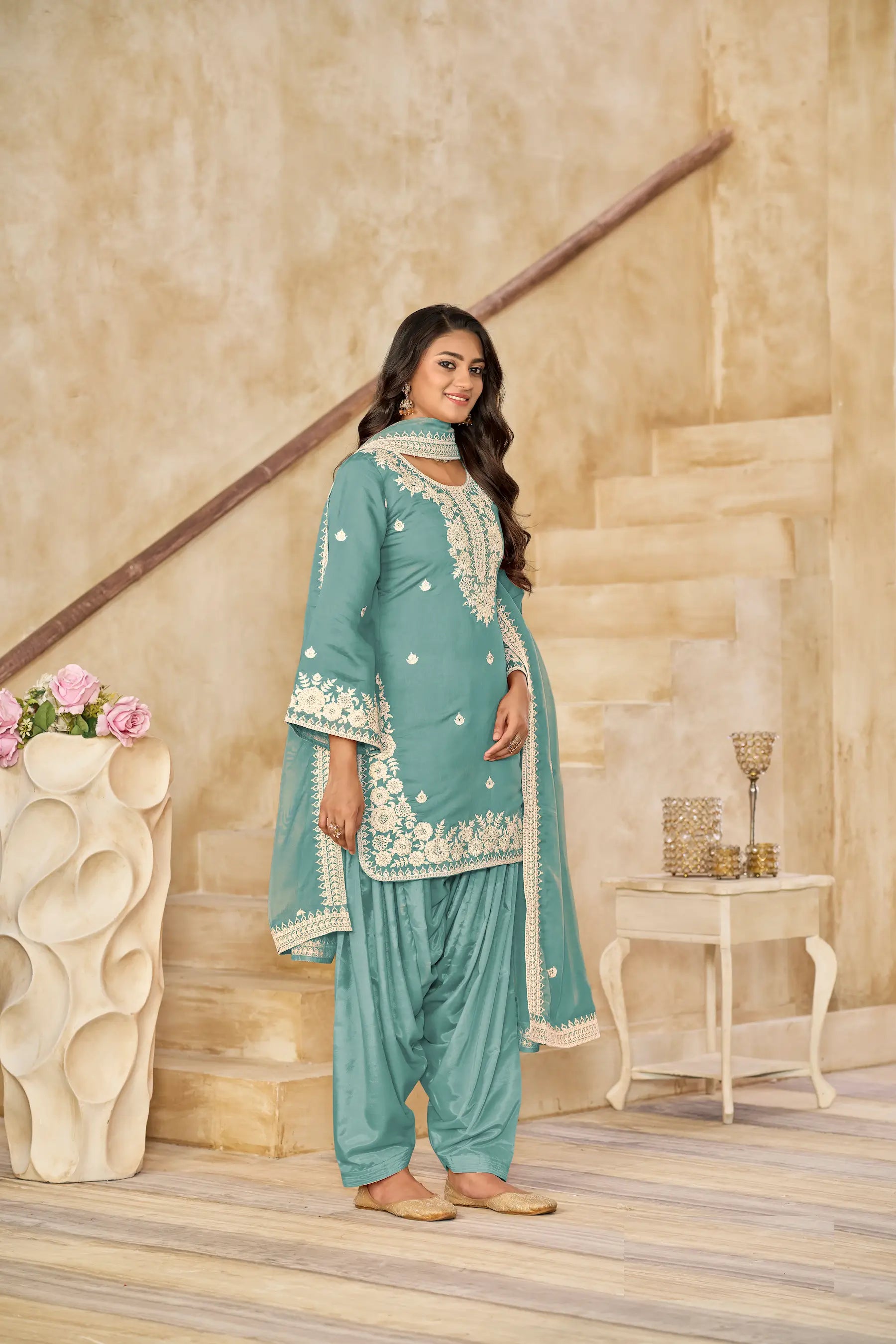 Greyish Teal Roman Silk Embroidery Work Salwar Suit - qivii