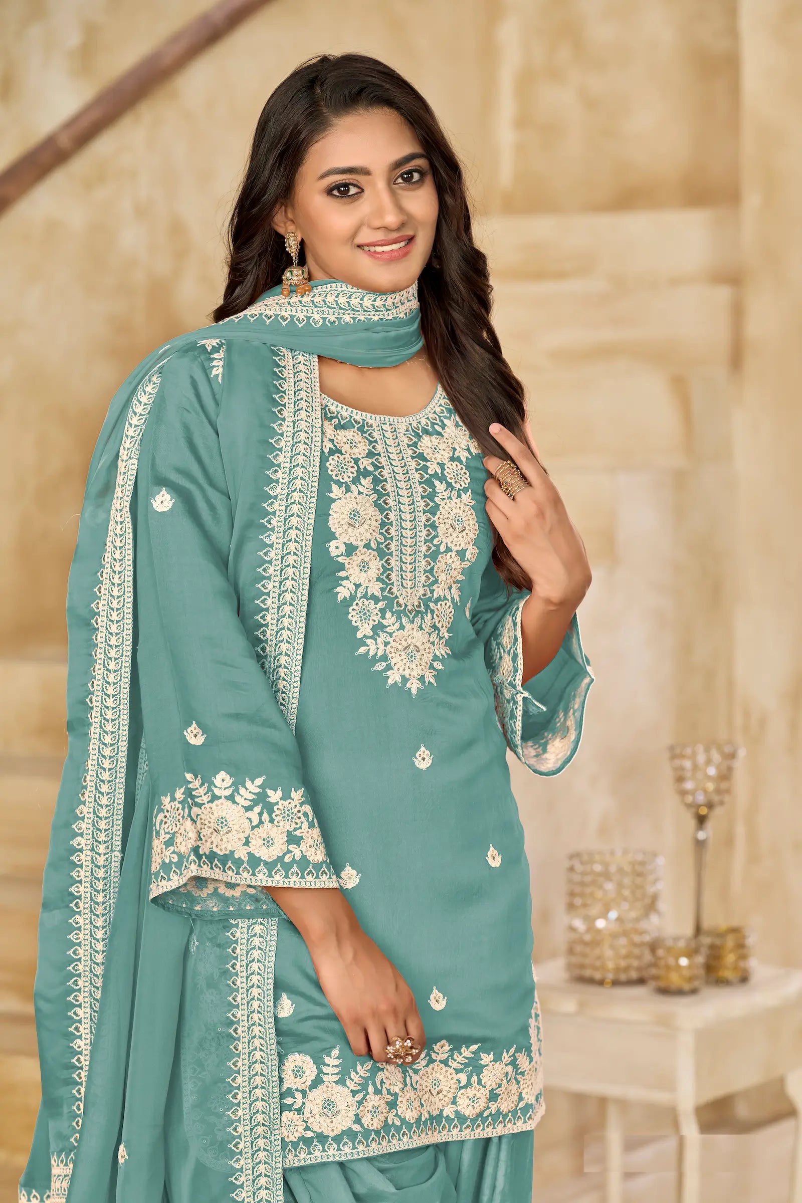 Greyish Teal Roman Silk Embroidery Work Salwar Suit - qivii