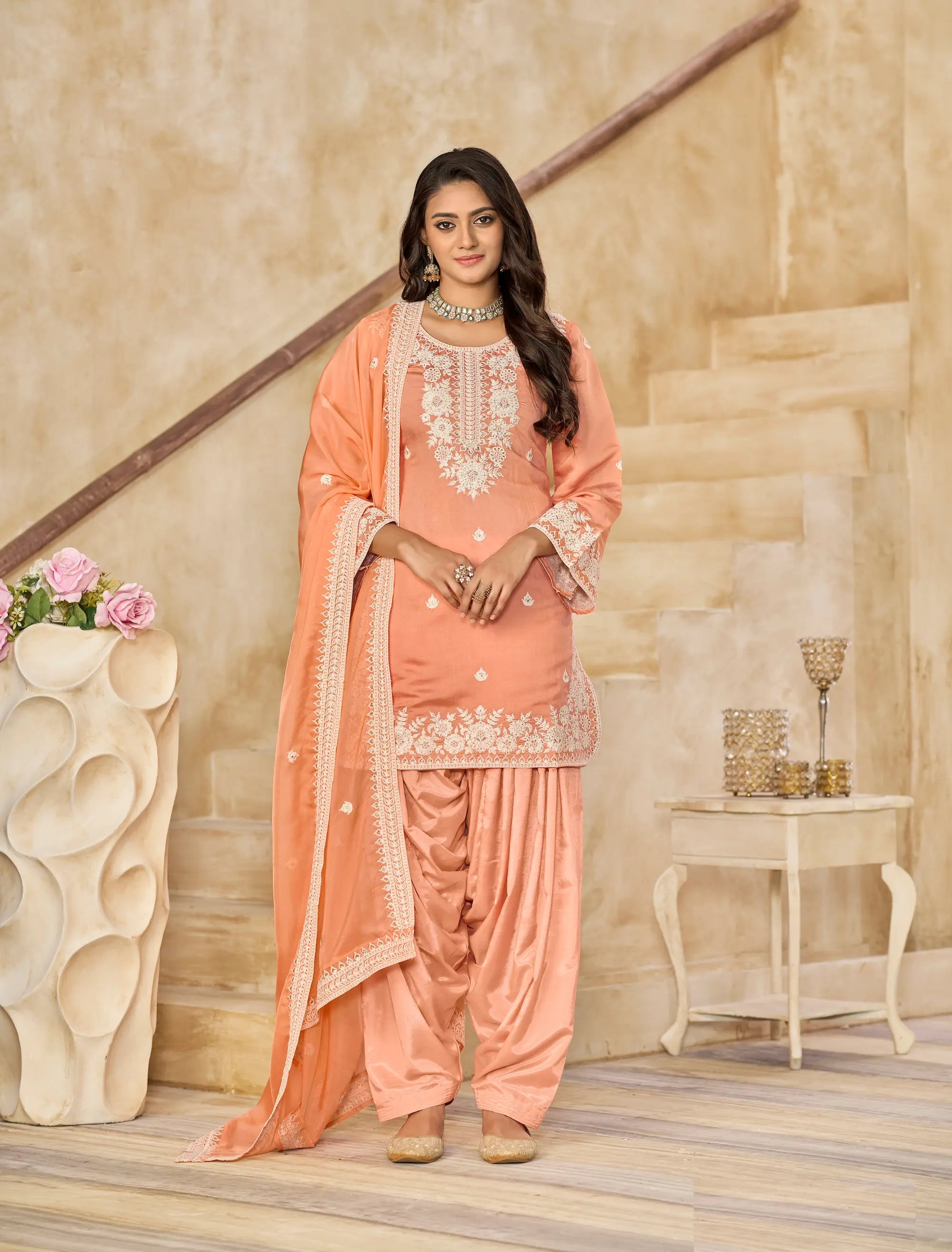 Peach Roman Silk Embroidery Work Salwar Suit - qivii