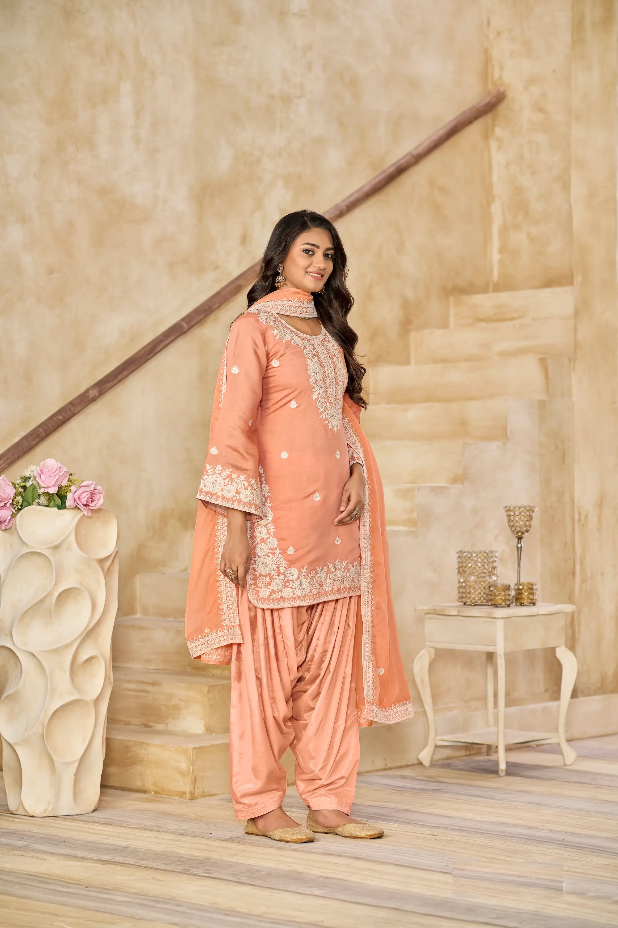 Peach Roman Silk Embroidery Work Salwar Suit - qivii