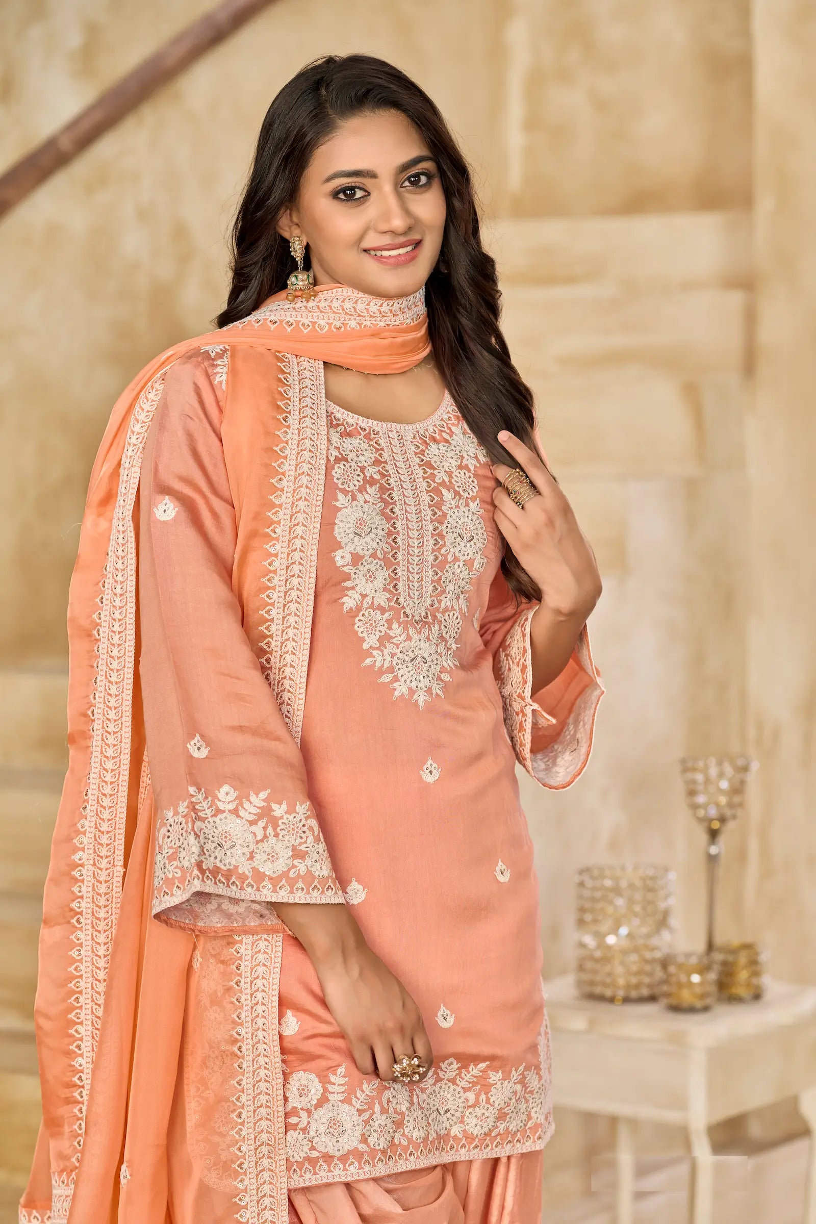 Peach Roman Silk Embroidery Work Salwar Suit - qivii