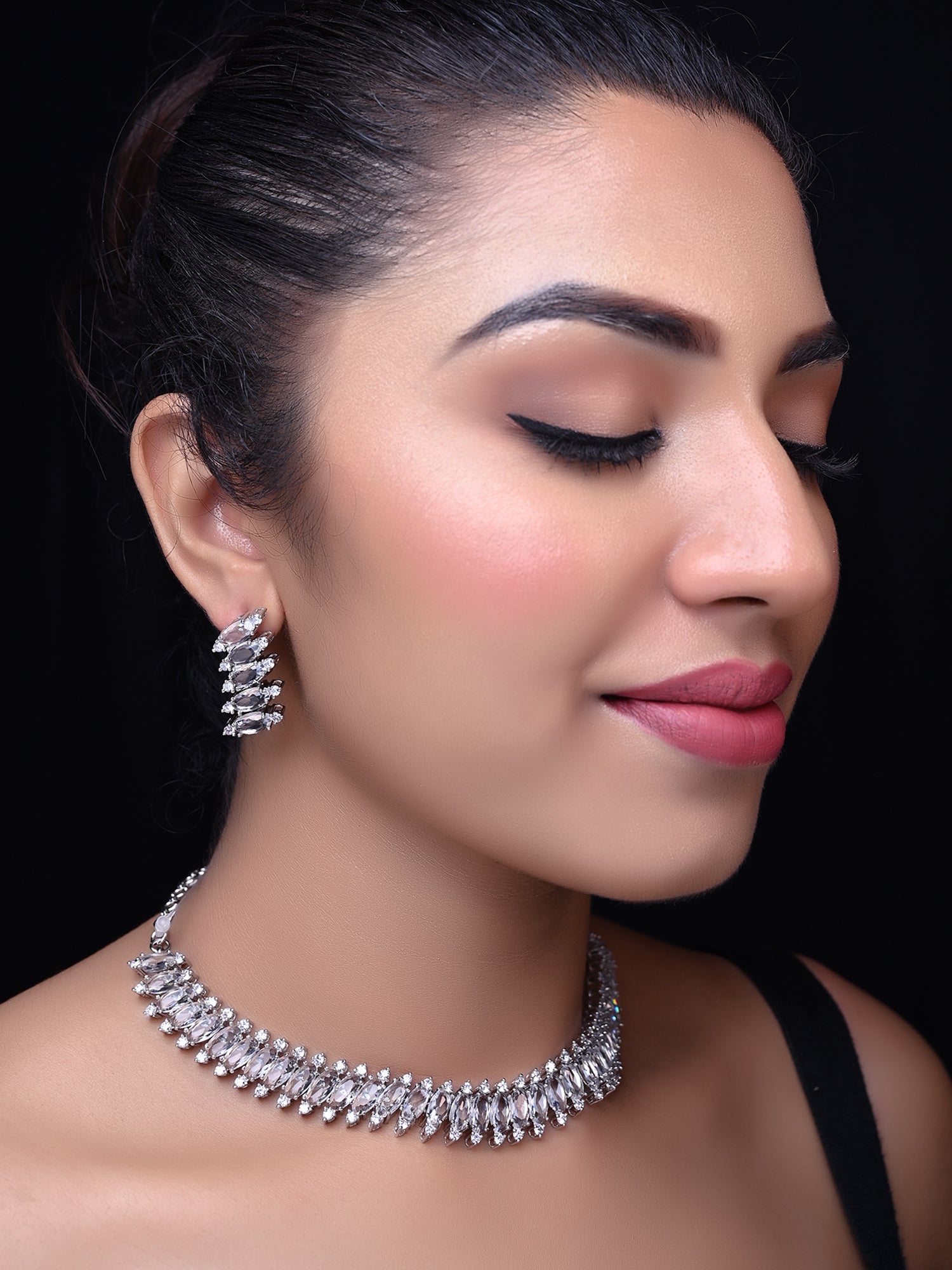 Salma American Diamond Silver Plated Necklace Set - qivii