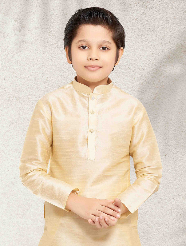 Boy's Gold Art Banarasi Silk Solid Kurta Set