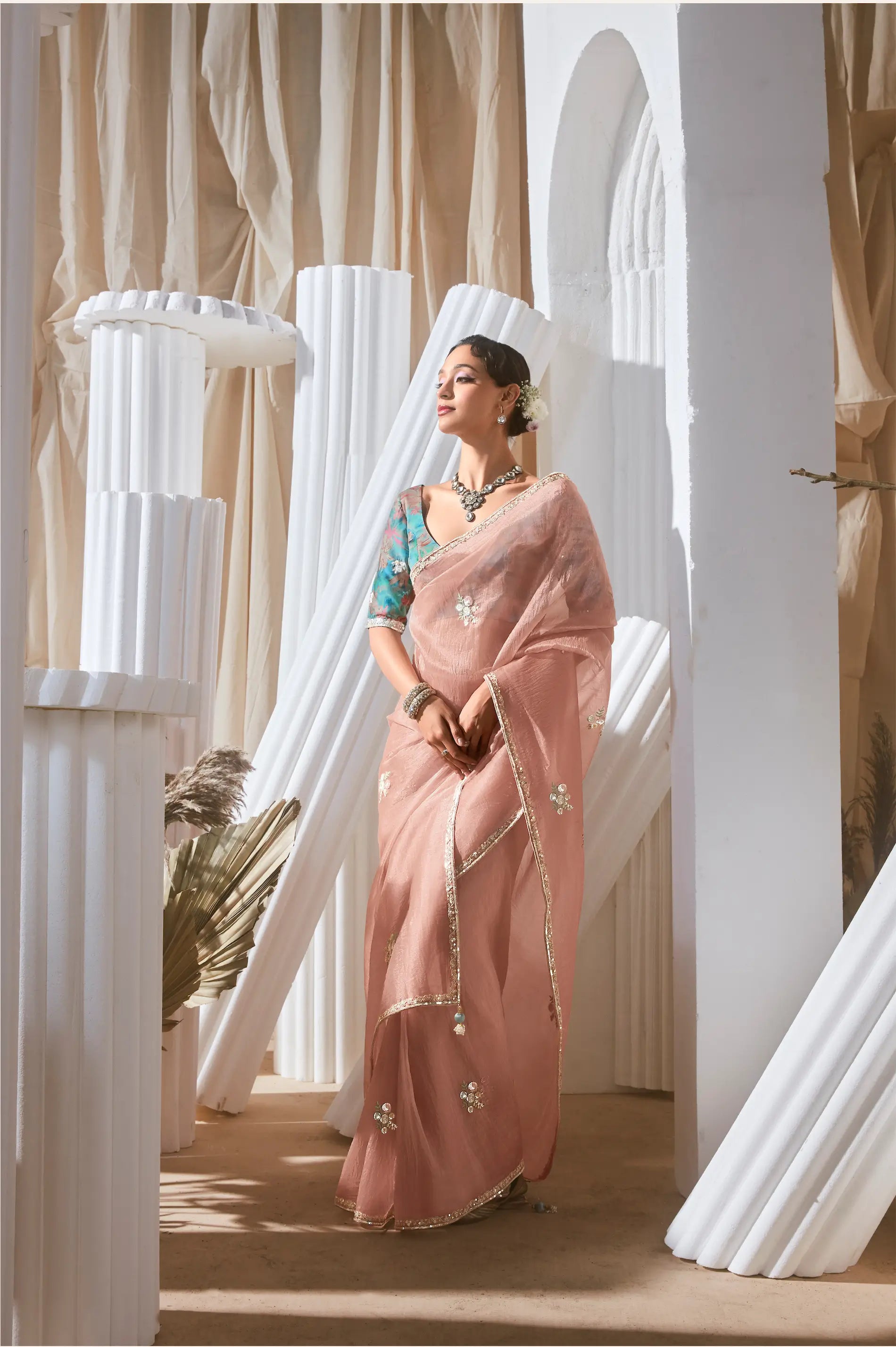 Dusty Peach Fancy Tissue Embroidery Work Saree - qivii