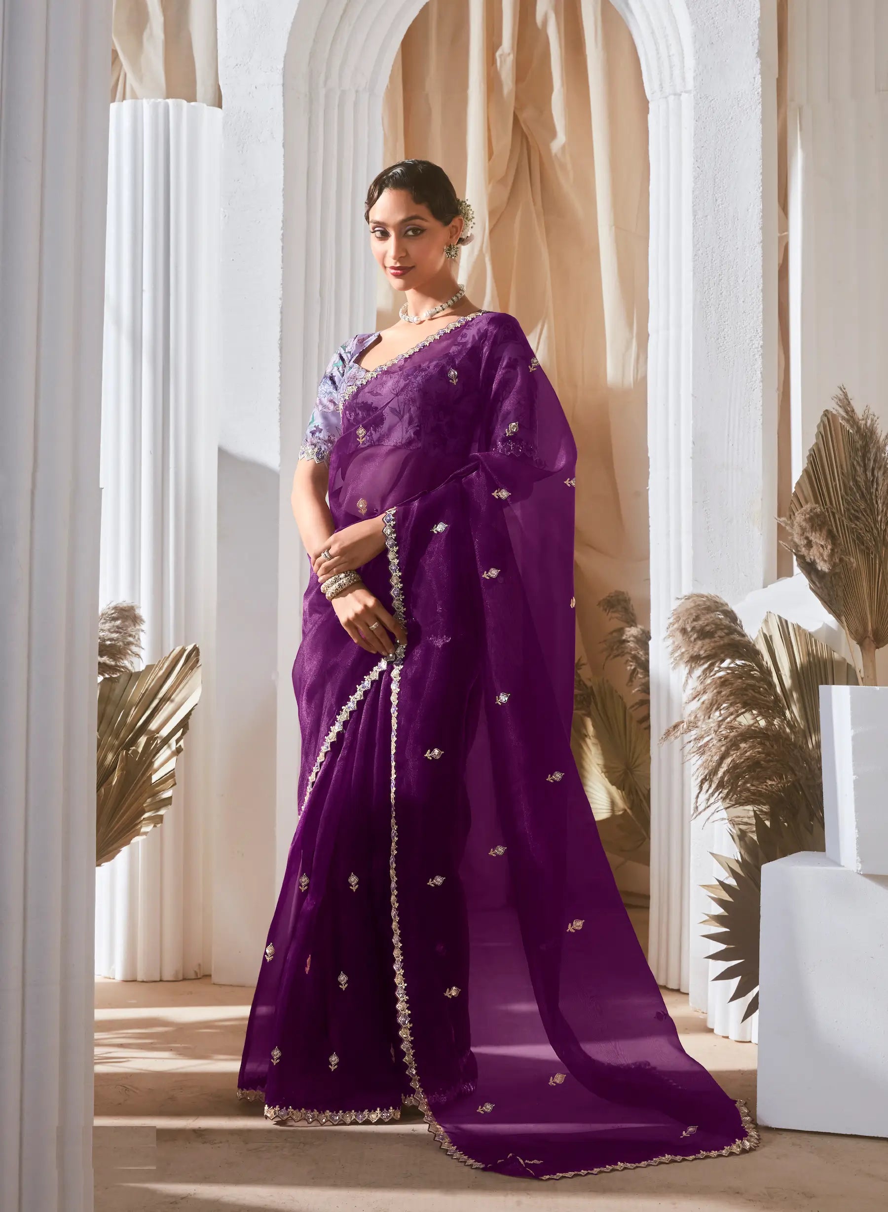 Deep Purple Fancy Tissue Embroidery Work Saree - qivii
