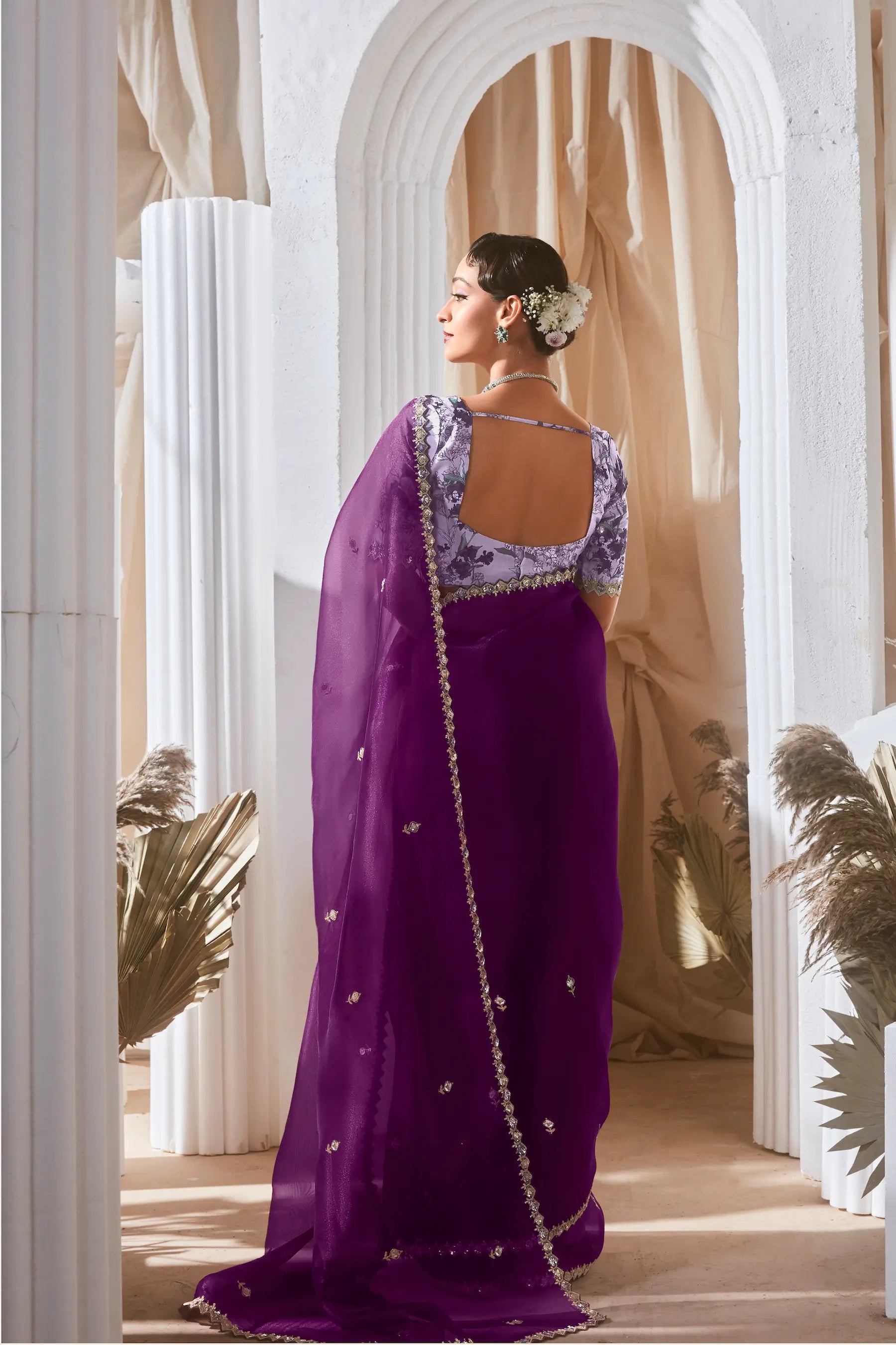 Deep Purple Fancy Tissue Embroidery Work Saree - qivii