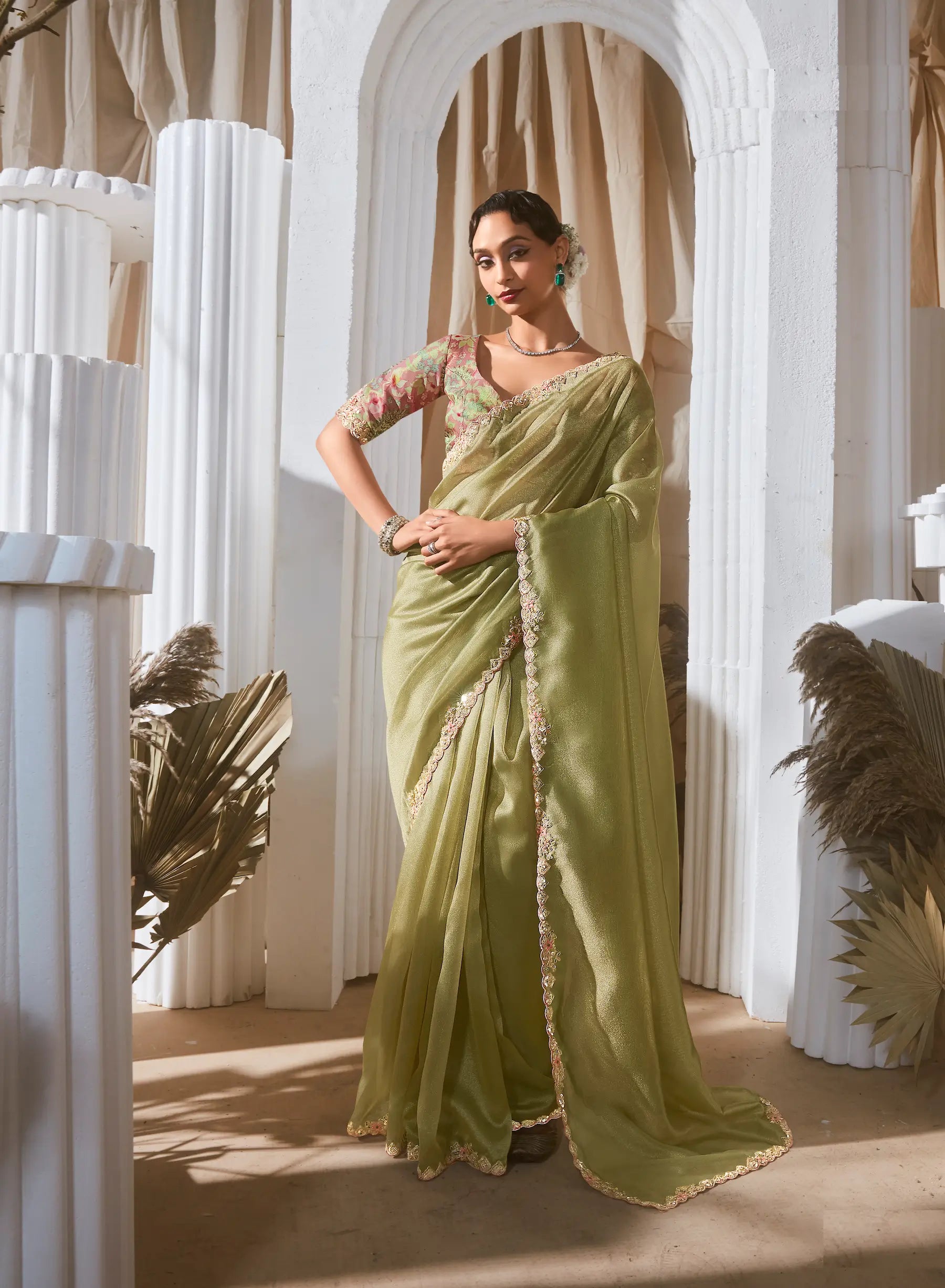 Olive Green Fancy Tissue Embroidery Work Saree - qivii