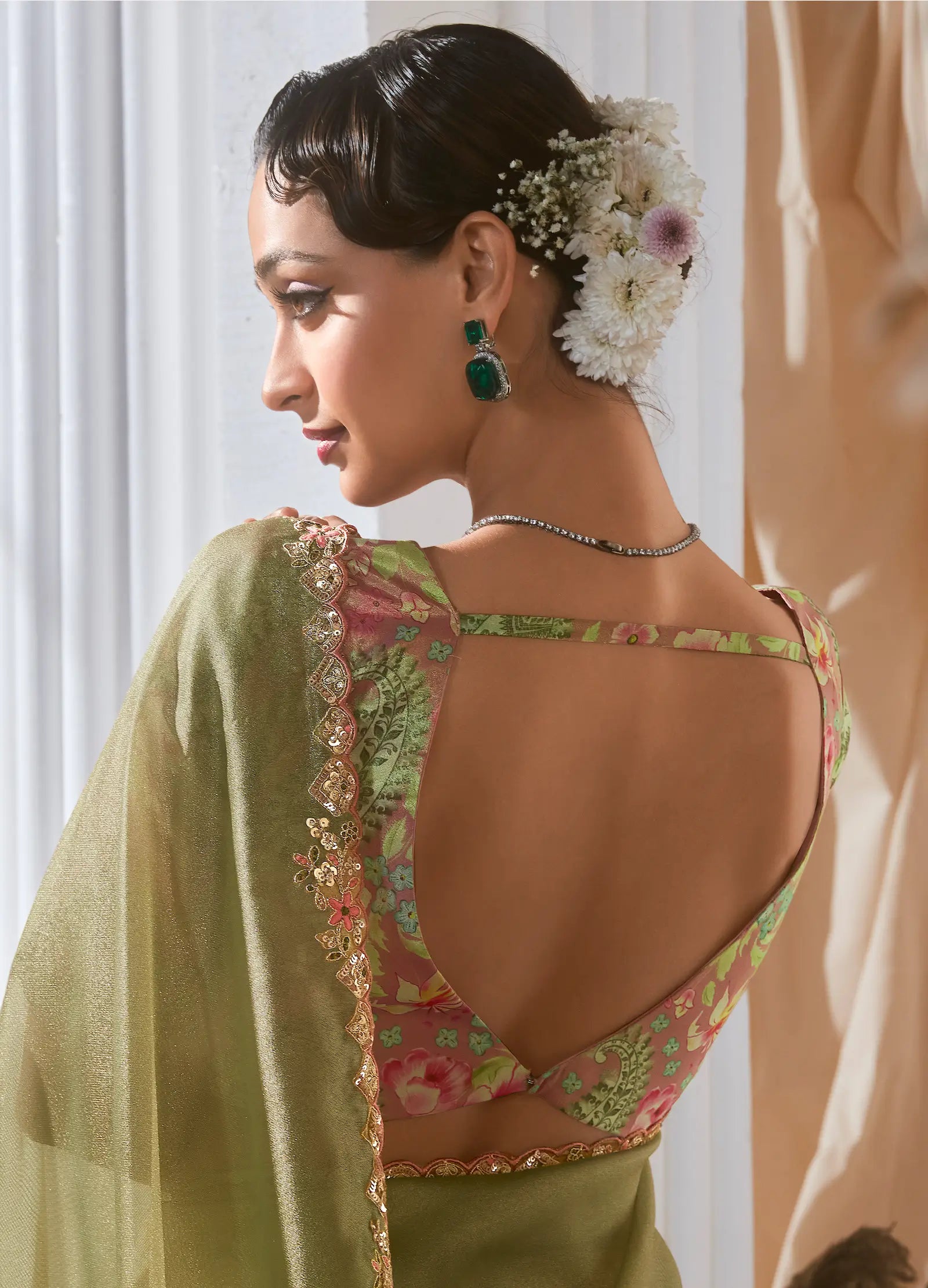 Olive Green Fancy Tissue Embroidery Work Saree - qivii