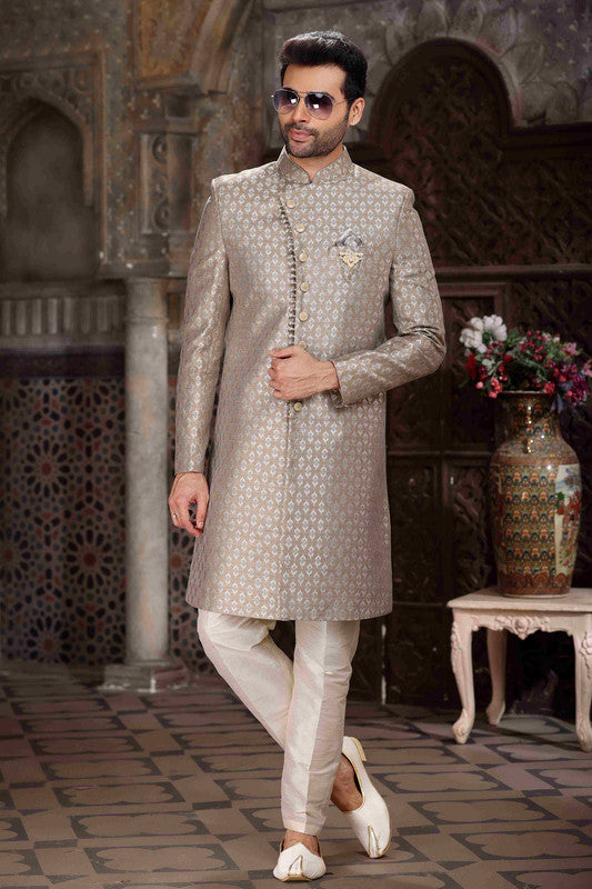 Men's Banarasi Jacquard Woven Work Indo Western Sherwani In Light Grey Colour
