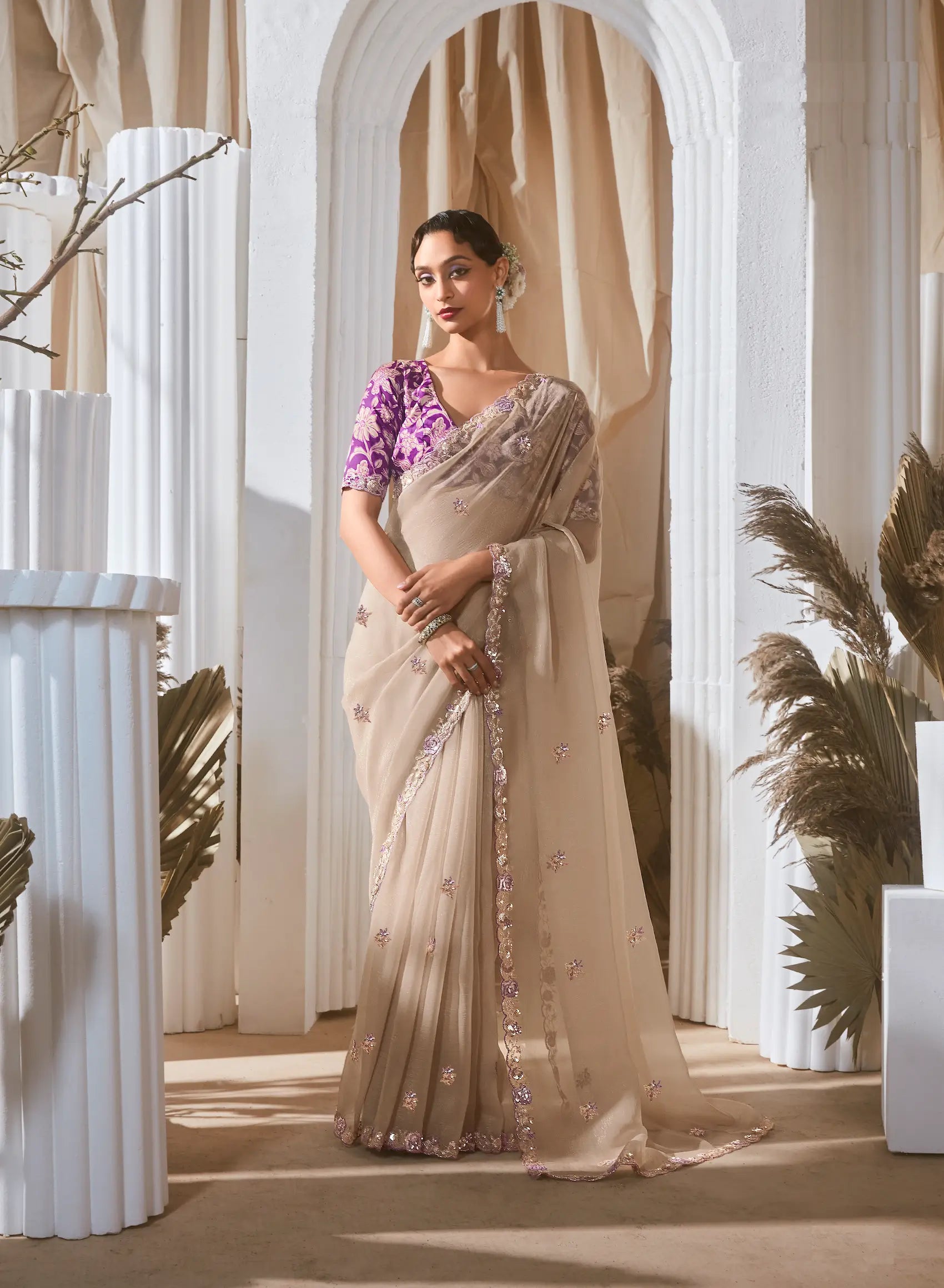 Beige Fancy Tissue Embroidery Work Saree - qivii