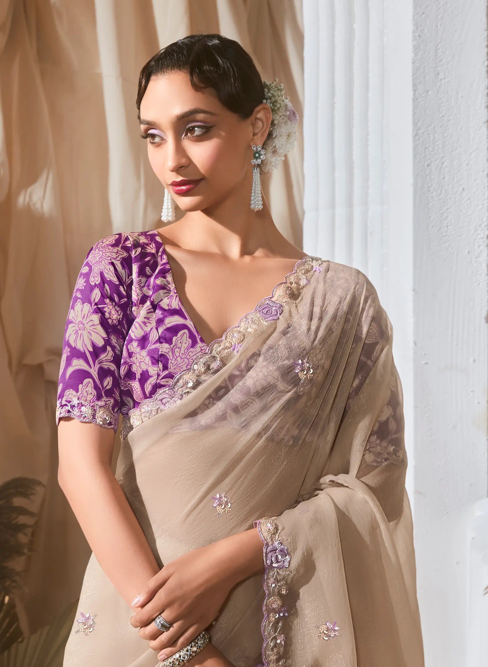 Beige Fancy Tissue Embroidery Work Saree - qivii
