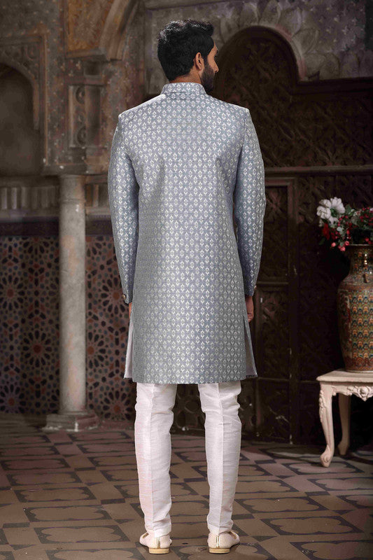 Men's Banarasi Jacquard Woven Work Indo Western Sherwani In Grey Colour