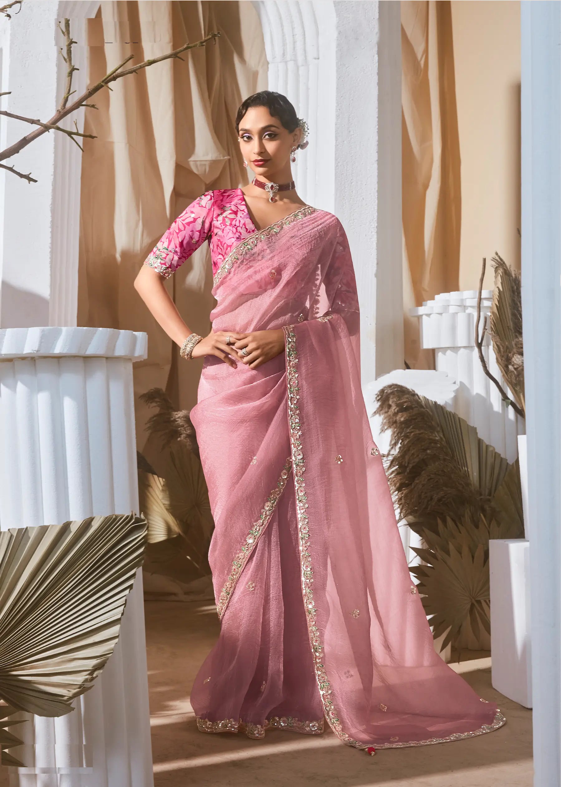 Daisy Pink Fancy Tissue Embroidery Work Saree - qivii