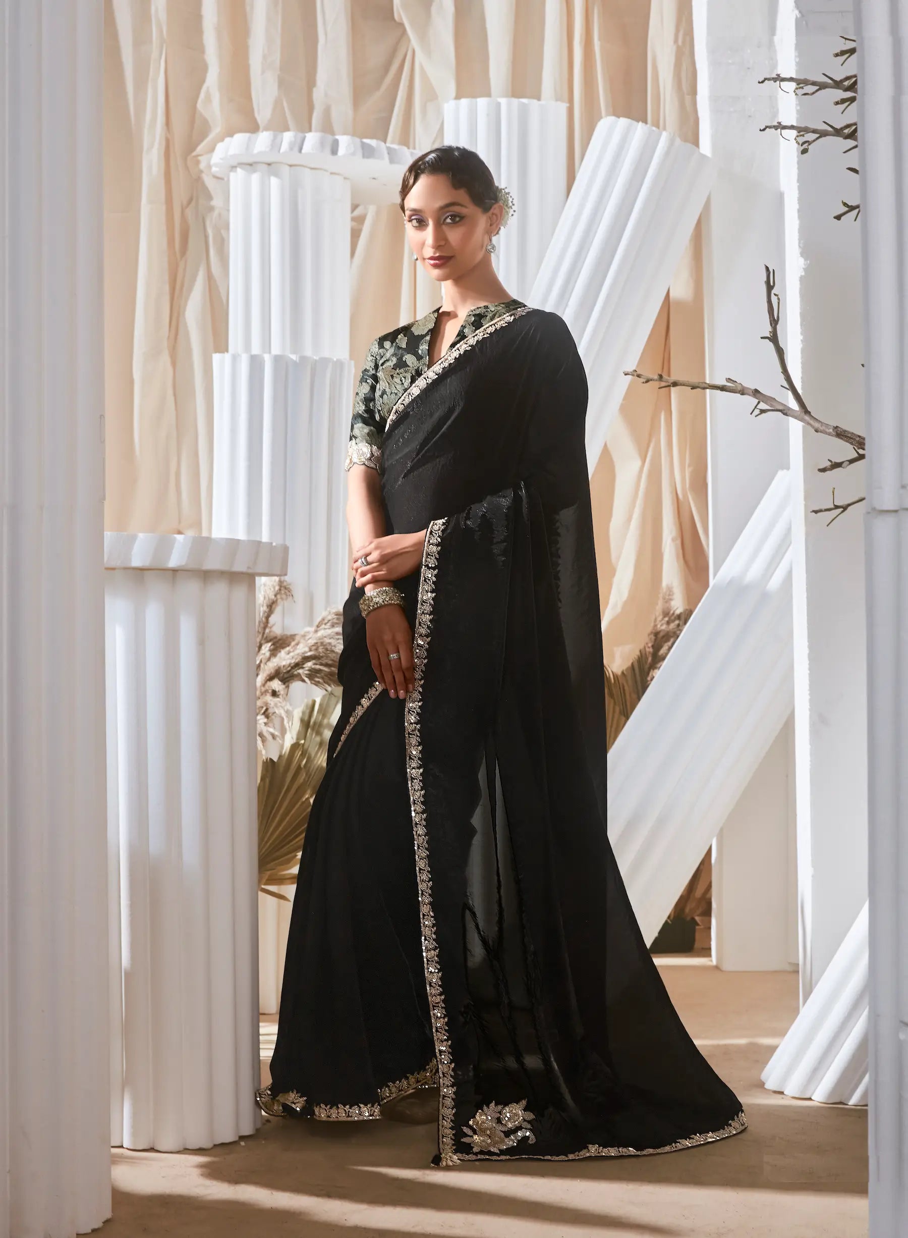 Black Fancy Tissue Embroidery Work Saree - qivii