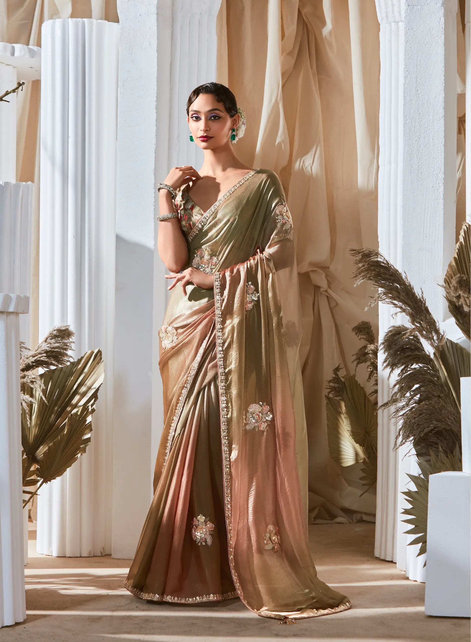 Olive-Brown Shaded Fancy Tissue Embroidery Work Saree - qivii