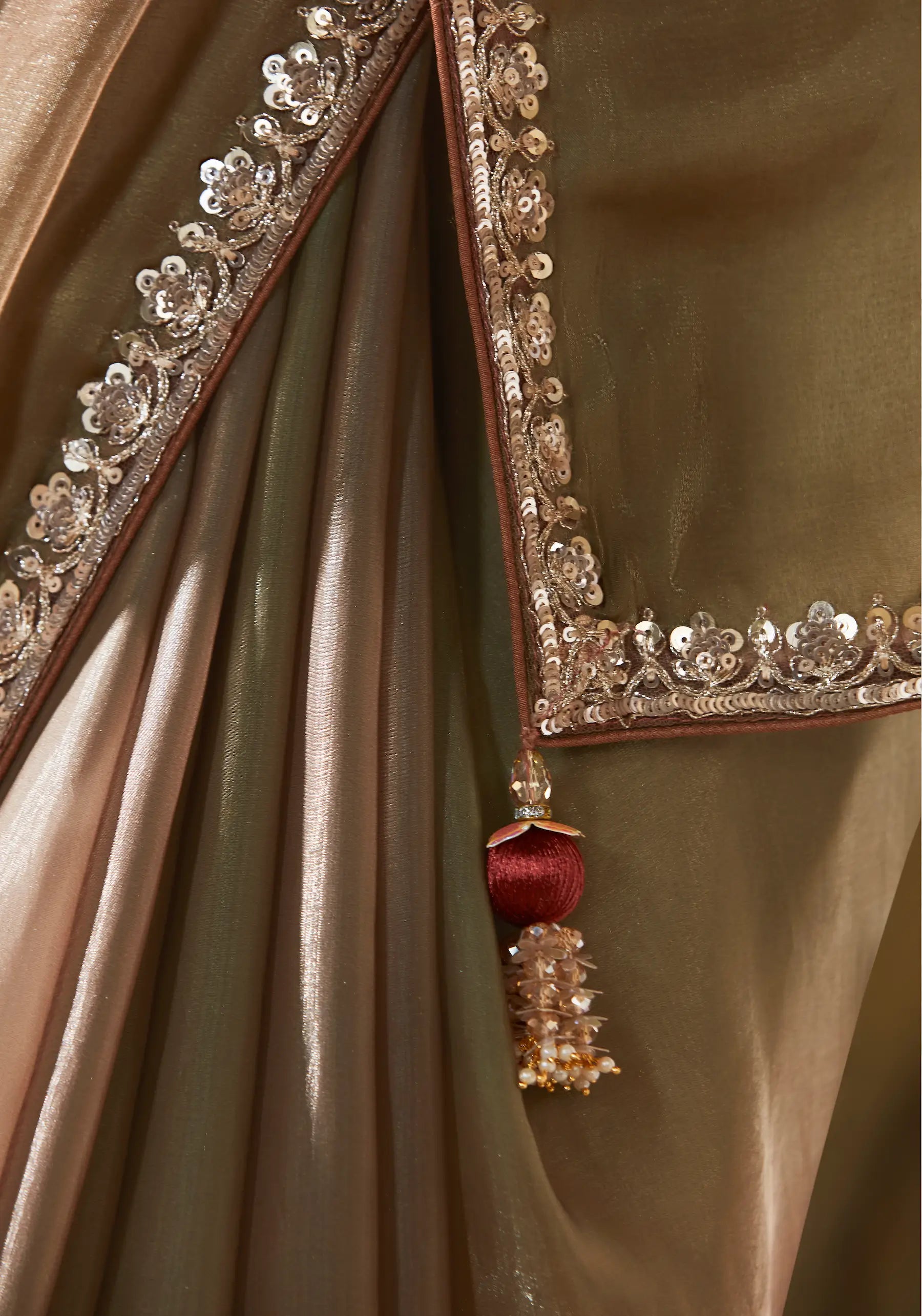 Olive-Brown Shaded Fancy Tissue Embroidery Work Saree - qivii
