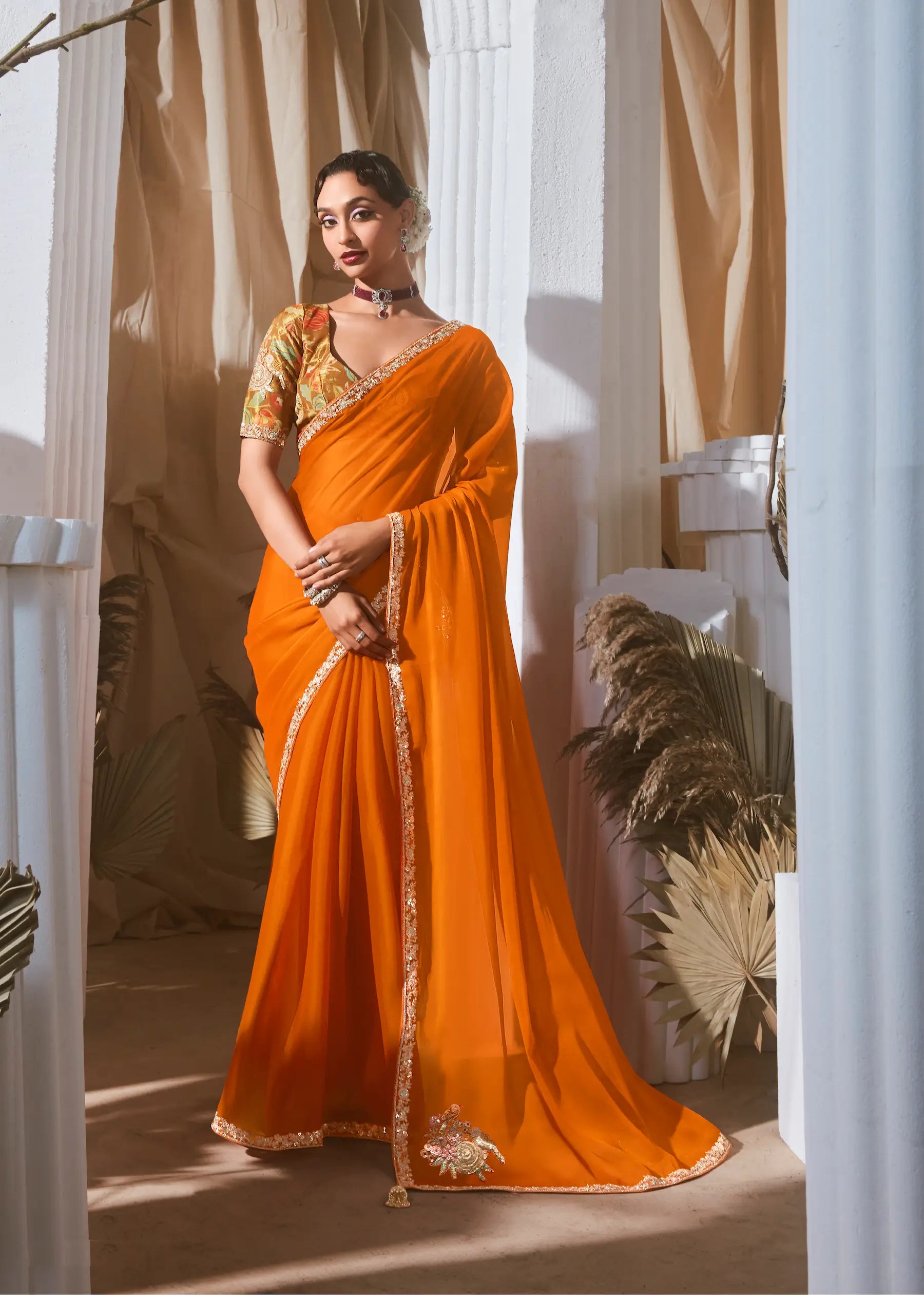 Bright Orange Fancy Tissue Embroidery Work Saree - qivii