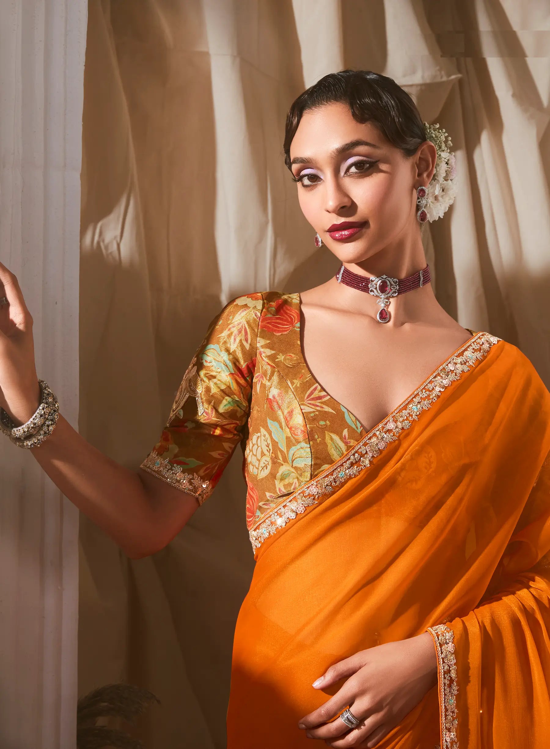 Bright Orange Fancy Tissue Embroidery Work Saree