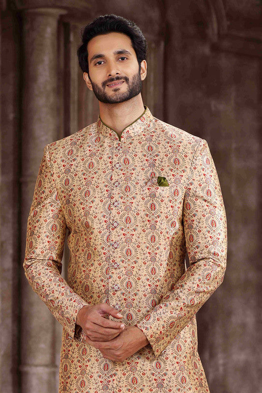 Men's Art Silk Digital Print Sherwani In Beige Colour